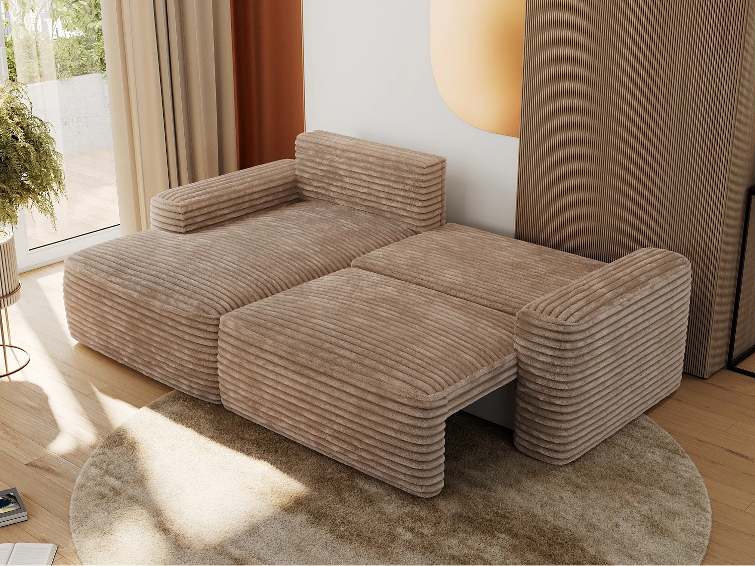 Ecksofa BELLUNO - Schlafsofa mit Bettkasten, Armlehnen, Couch L-form mit Schlaffunktion - Braun Cord - Ecke Links