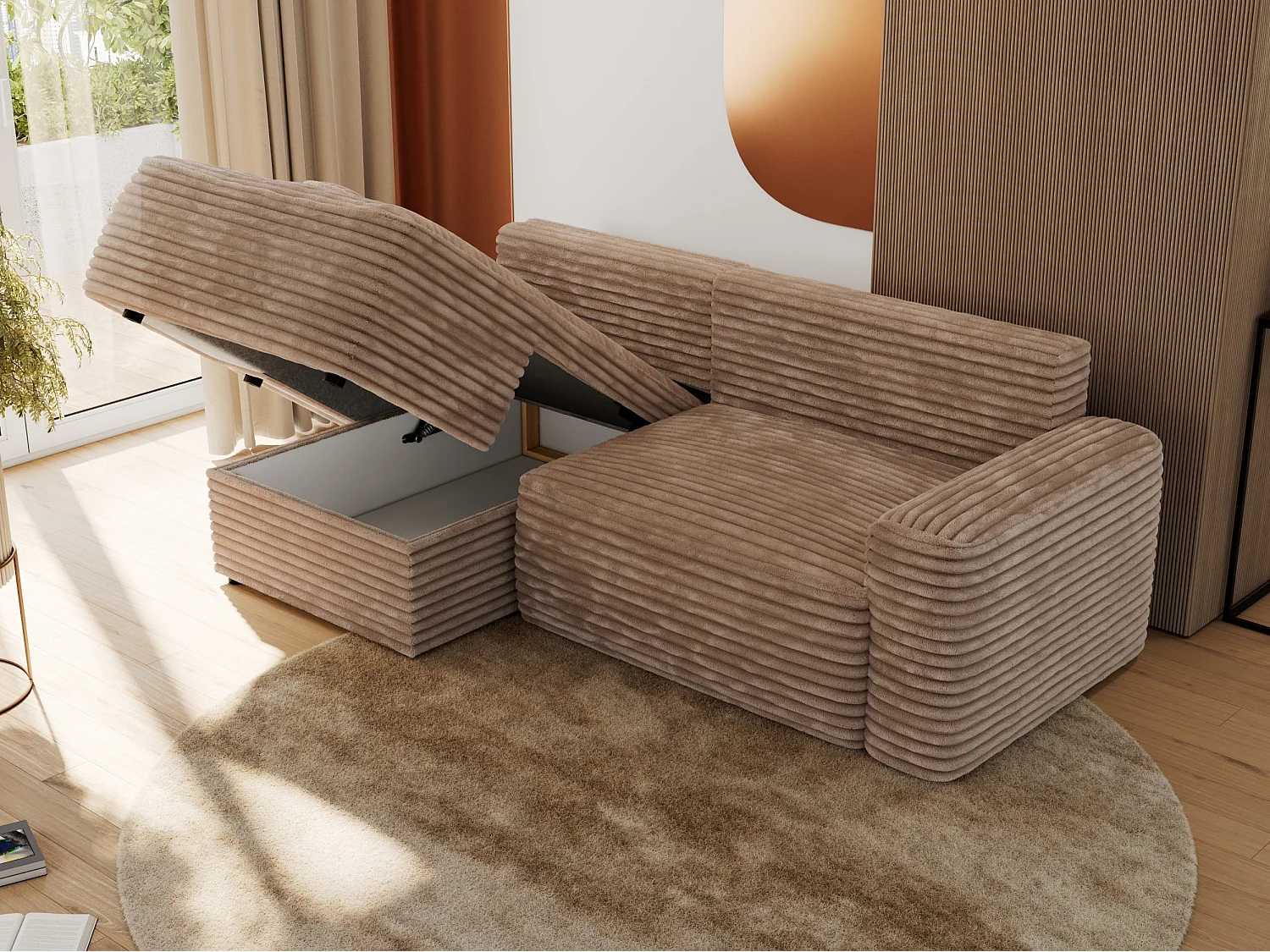 Ecksofa BELLUNO - Schlafsofa mit Bettkasten, Armlehnen, Couch L-form mit Schlaffunktion - Braun Cord - Ecke Links