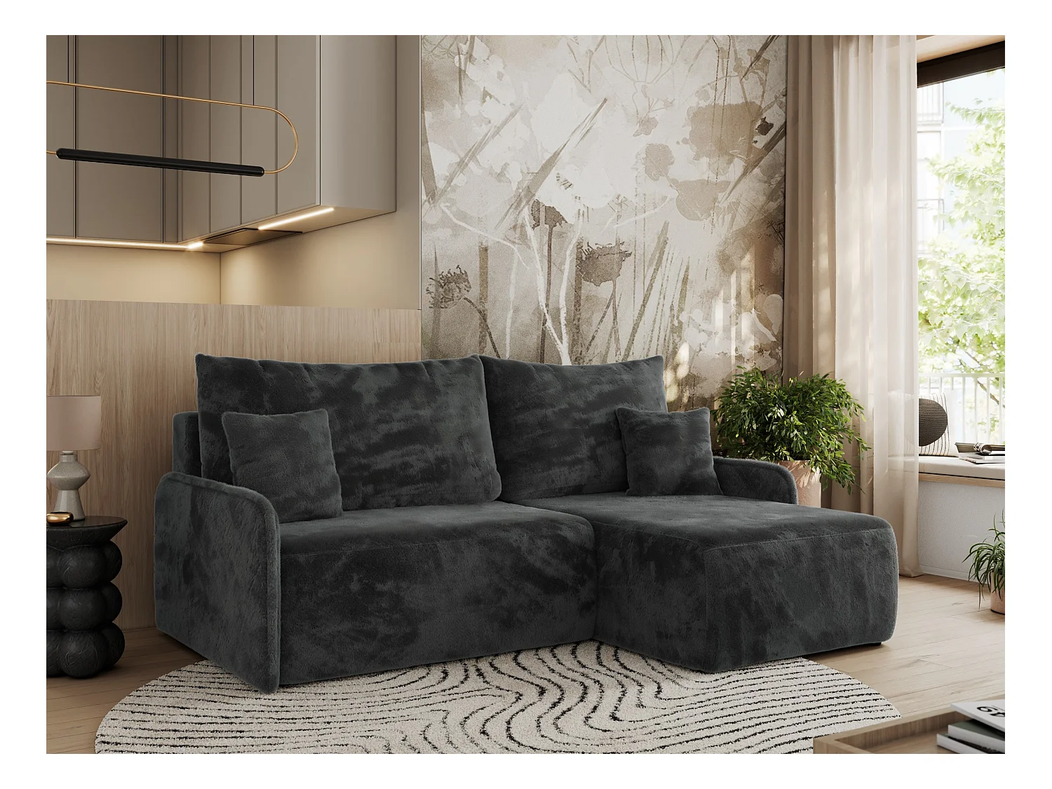 Ecksofa ARPA - L-form Schlaffsofa, Bettkasten und lose Kissen, Armlehnen - Dunkelgrau Plüsch - Ecke Rechts