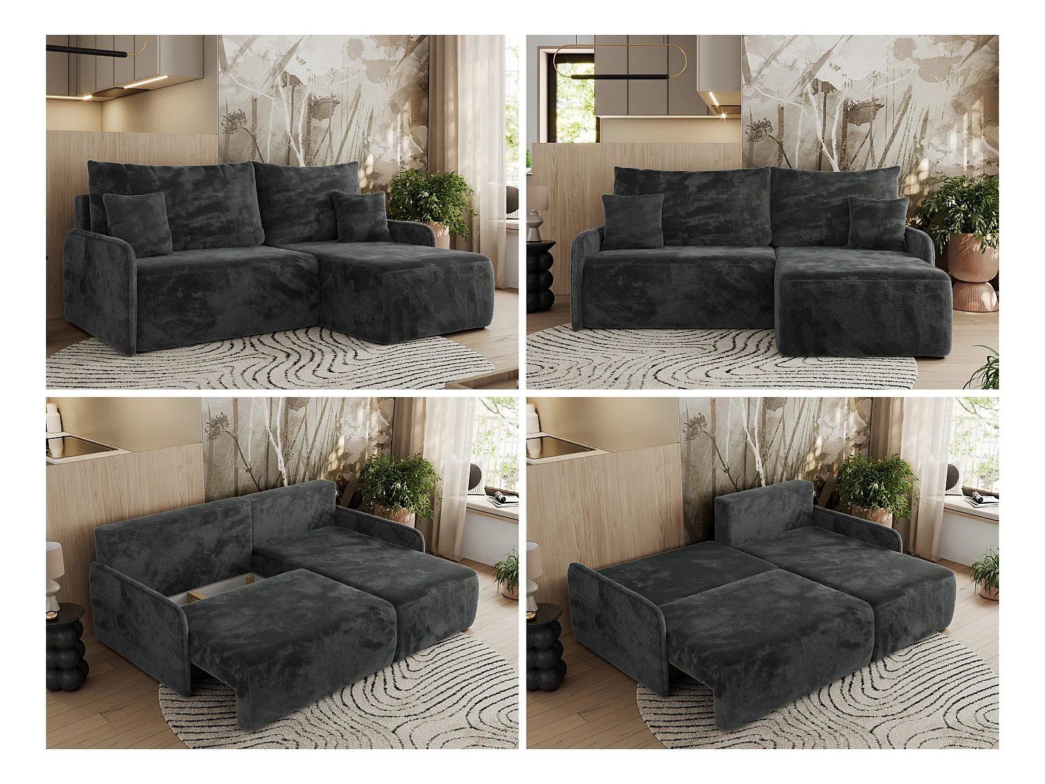 Ecksofa ARPA - L-form Schlaffsofa, Bettkasten und lose Kissen, Armlehnen - Dunkelgrau Plüsch - Ecke Rechts