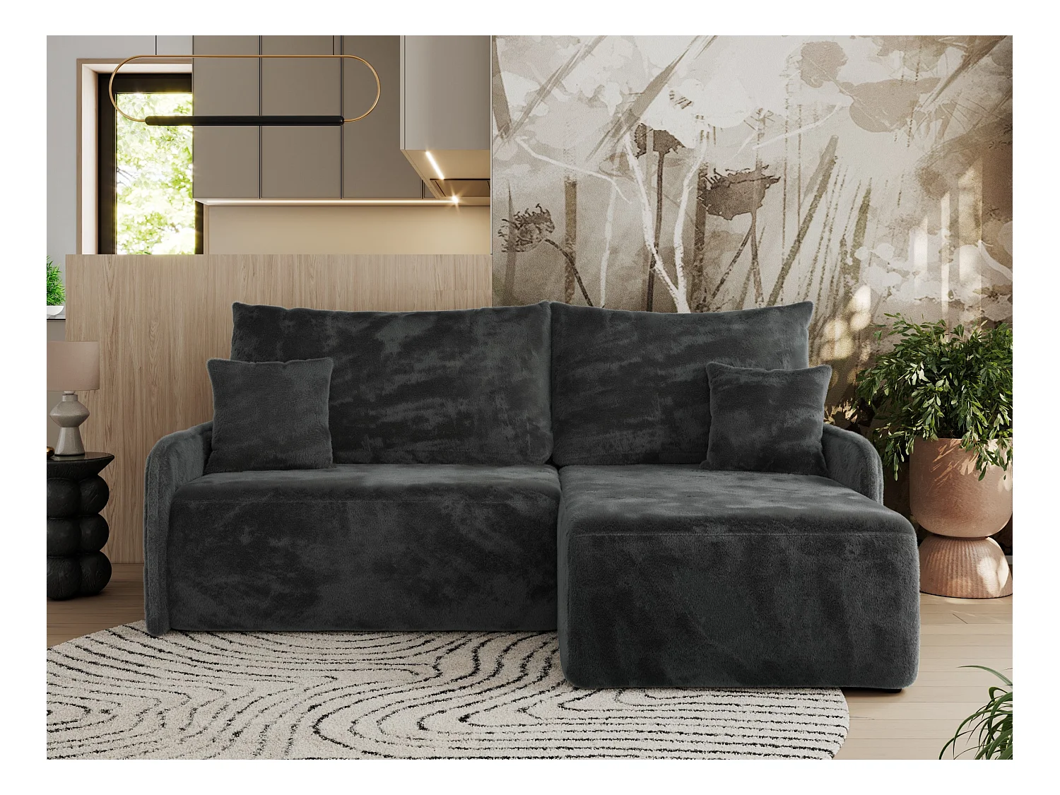 Ecksofa ARPA - L-form Schlaffsofa, Bettkasten und lose Kissen, Armlehnen - Dunkelgrau Plüsch - Ecke Rechts