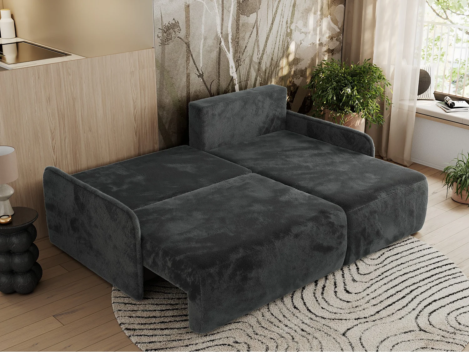 Ecksofa ARPA - L-form Schlaffsofa, Bettkasten und lose Kissen, Armlehnen - Dunkelgrau Plüsch - Ecke Rechts