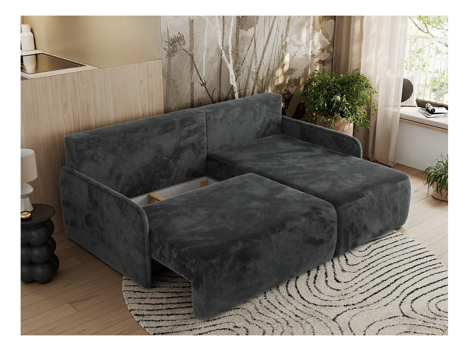 Ecksofa ARPA - L-form Schlaffsofa, Bettkasten und lose Kissen, Armlehnen - Dunkelgrau Plüsch - Ecke Rechts