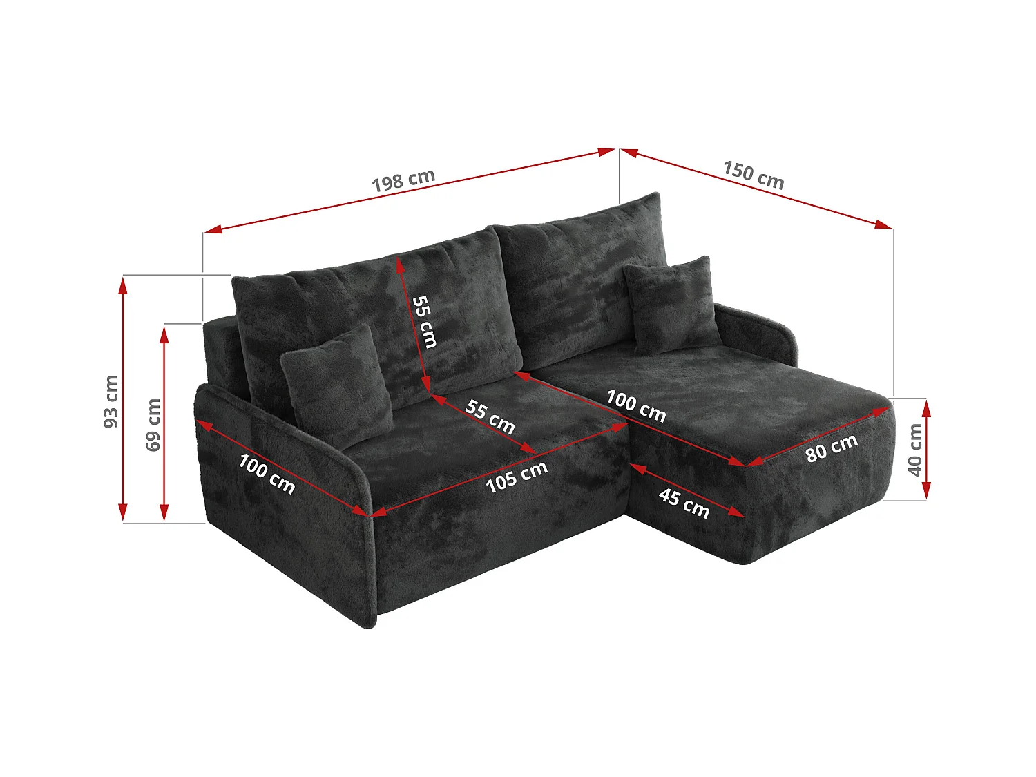 Ecksofa ARPA - L-form Schlaffsofa, Bettkasten und lose Kissen, Armlehnen - Dunkelgrau Plüsch - Ecke Rechts