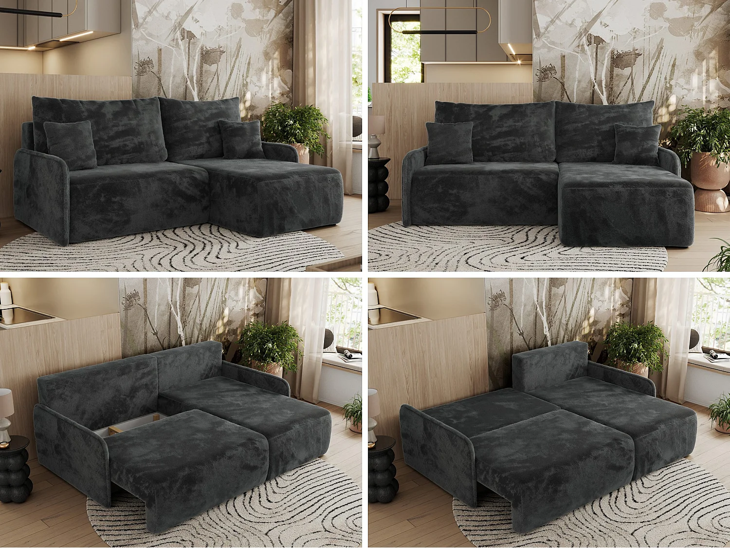 Ecksofa ARPA - L-form Schlaffsofa, Bettkasten und lose Kissen, Armlehnen - Dunkelgrau Plüsch - Ecke Rechts