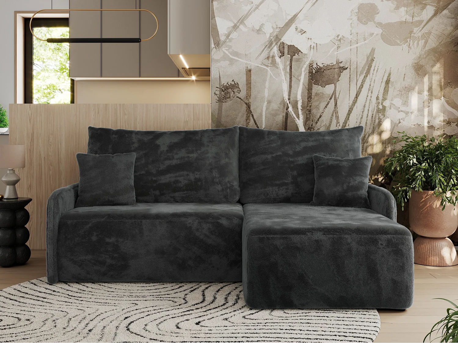 Ecksofa ARPA - L-form Schlaffsofa, Bettkasten und lose Kissen, Armlehnen - Dunkelgrau Plüsch - Ecke Rechts