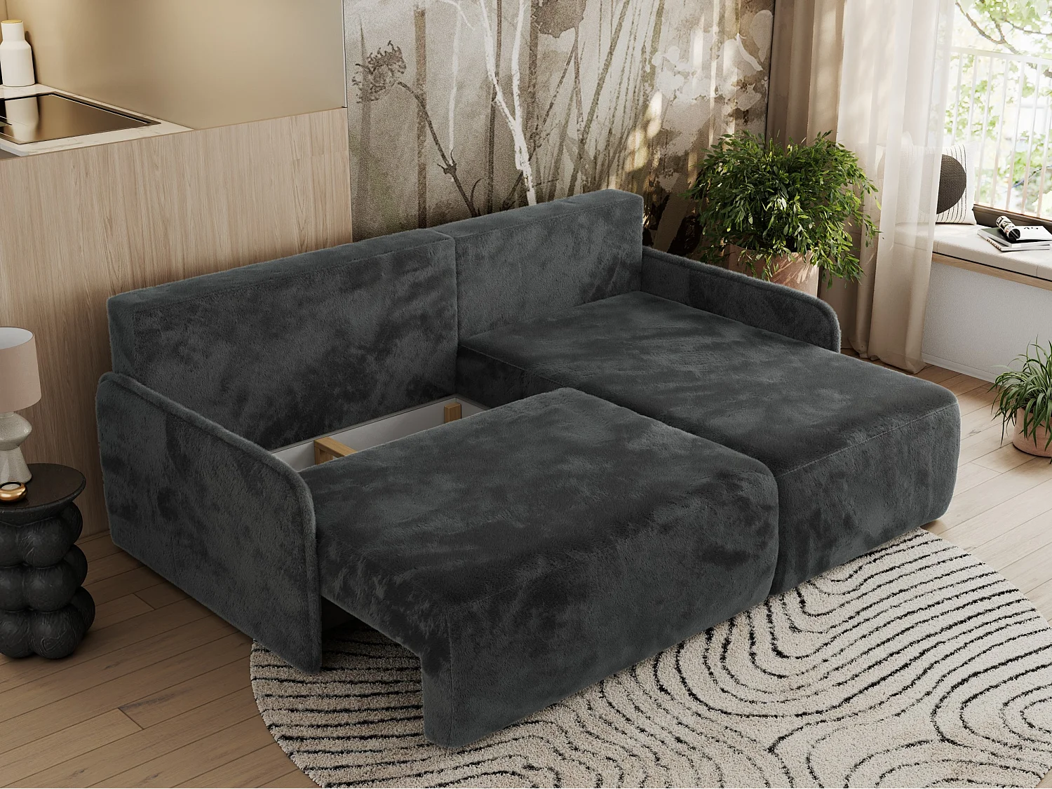 Ecksofa ARPA - L-form Schlaffsofa, Bettkasten und lose Kissen, Armlehnen - Dunkelgrau Plüsch - Ecke Rechts