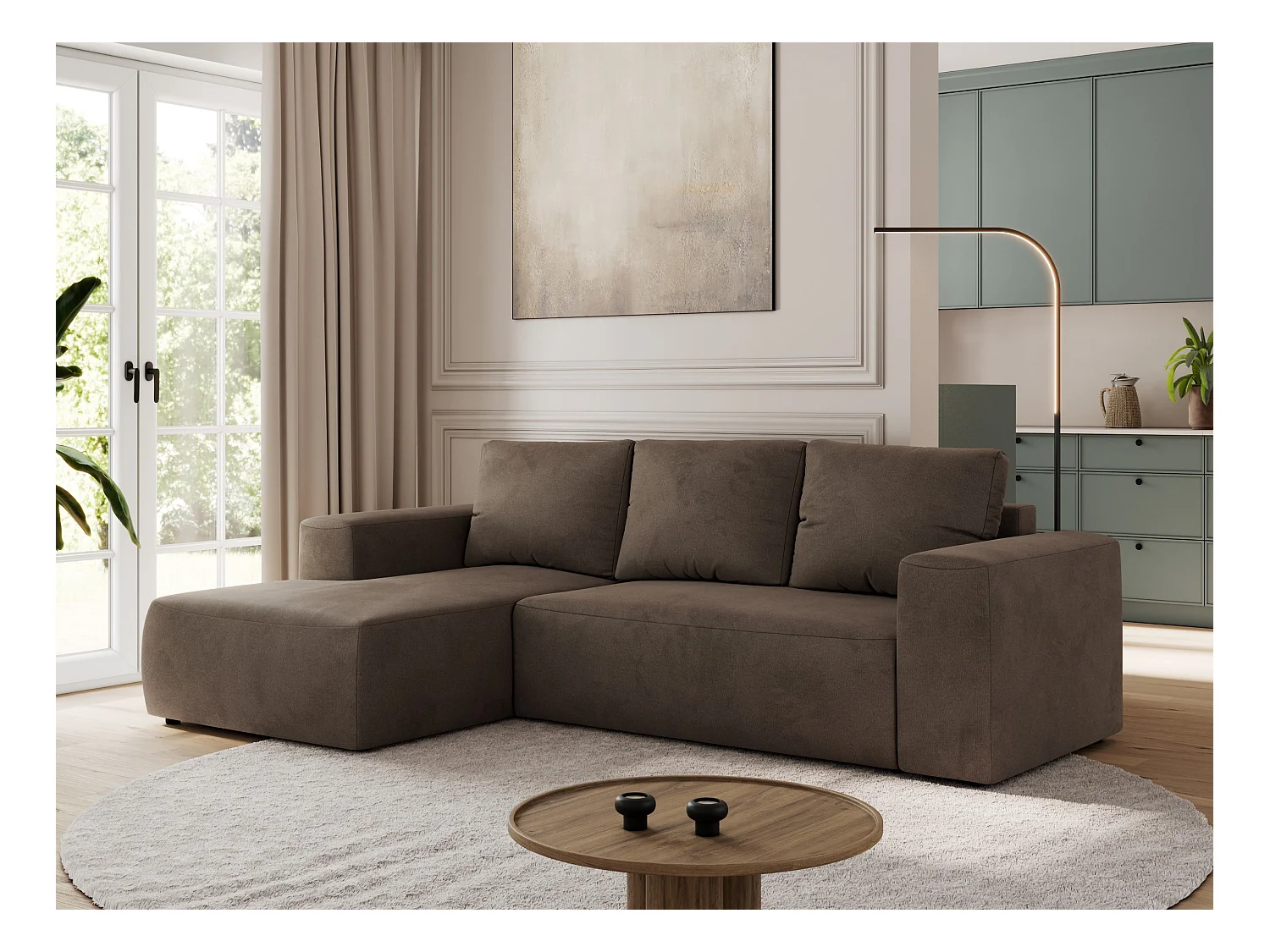 Ecksofa TRENTINO - mit Schlaffunktion und Bettkasten, L-form Couch, lose Kissen und Armlehnen - Braun Velvet - Ecke Links