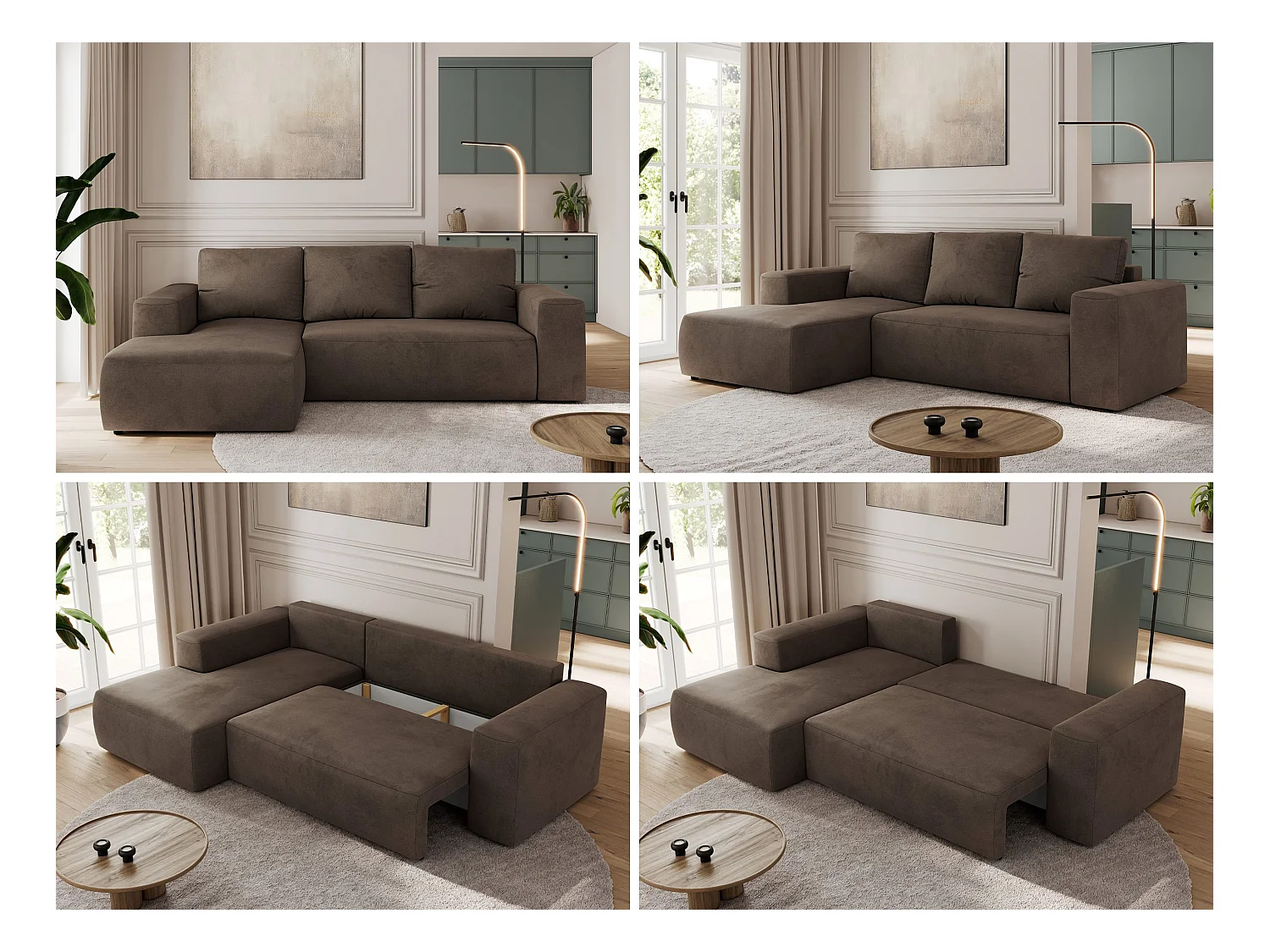 Ecksofa TRENTINO - mit Schlaffunktion und Bettkasten, L-form Couch, lose Kissen und Armlehnen - Braun Velvet - Ecke Links