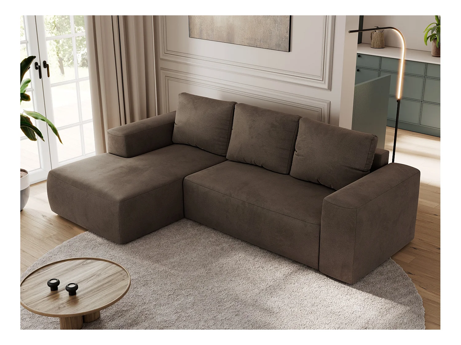 Ecksofa TRENTINO - mit Schlaffunktion und Bettkasten, L-form Couch, lose Kissen und Armlehnen - Braun Velvet - Ecke Links