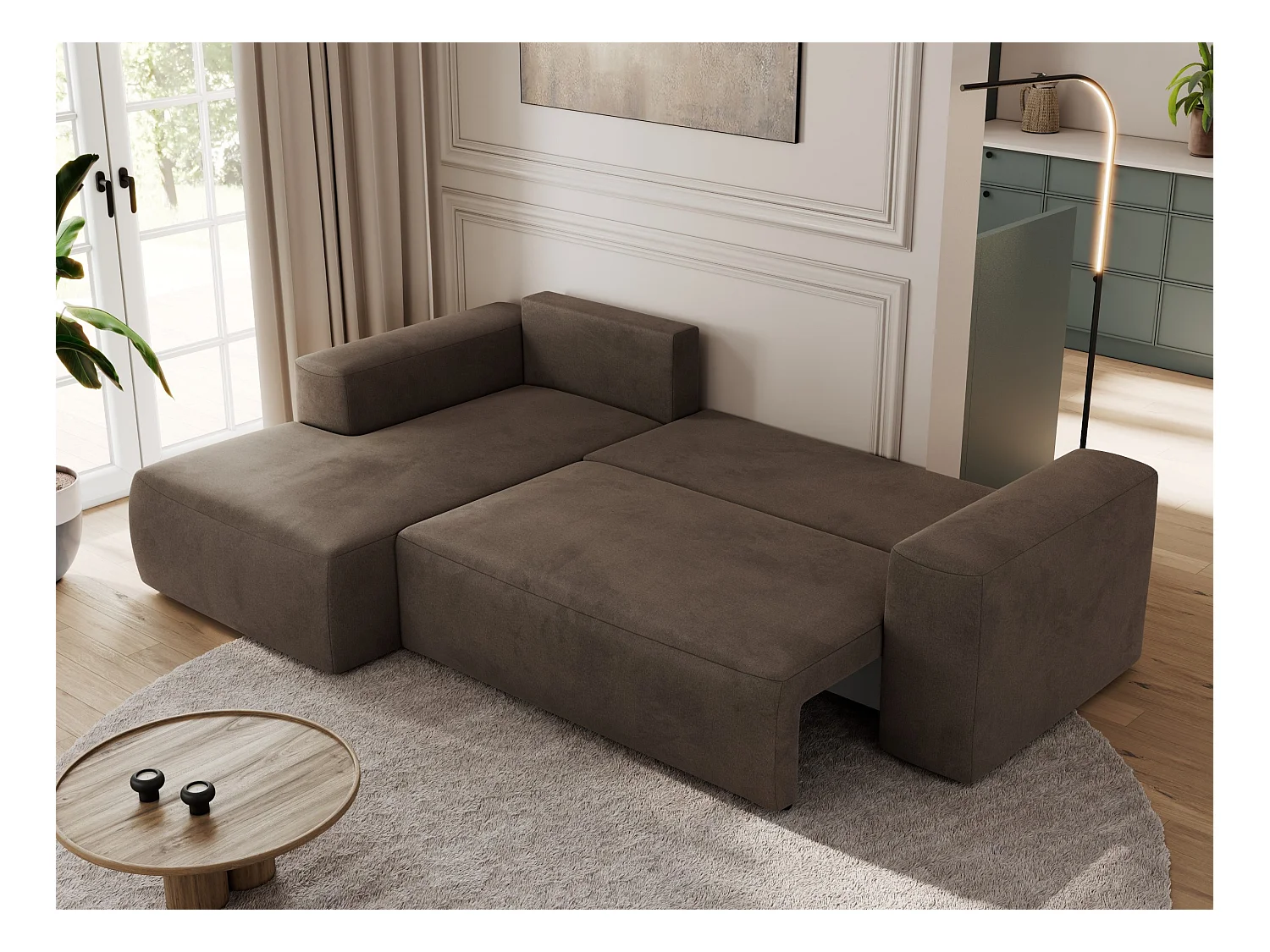 Ecksofa TRENTINO - mit Schlaffunktion und Bettkasten, L-form Couch, lose Kissen und Armlehnen - Braun Velvet - Ecke Links