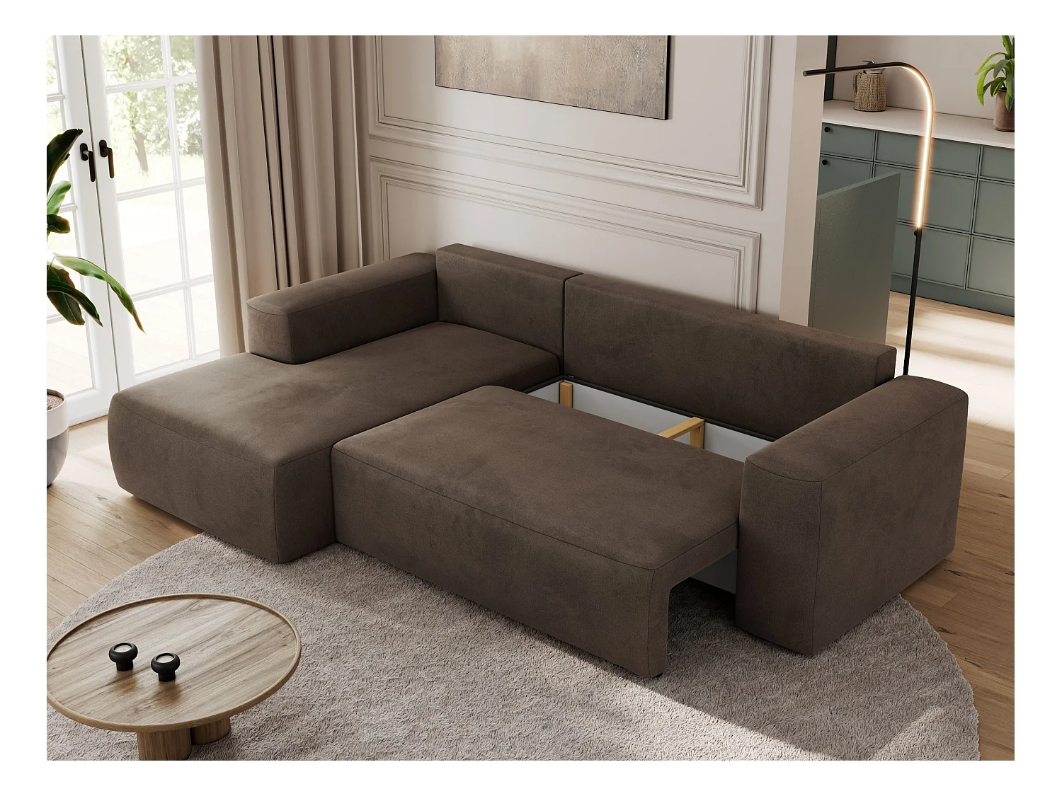 Ecksofa TRENTINO - mit Schlaffunktion und Bettkasten, L-form Couch, lose Kissen und Armlehnen - Braun Velvet - Ecke Links
