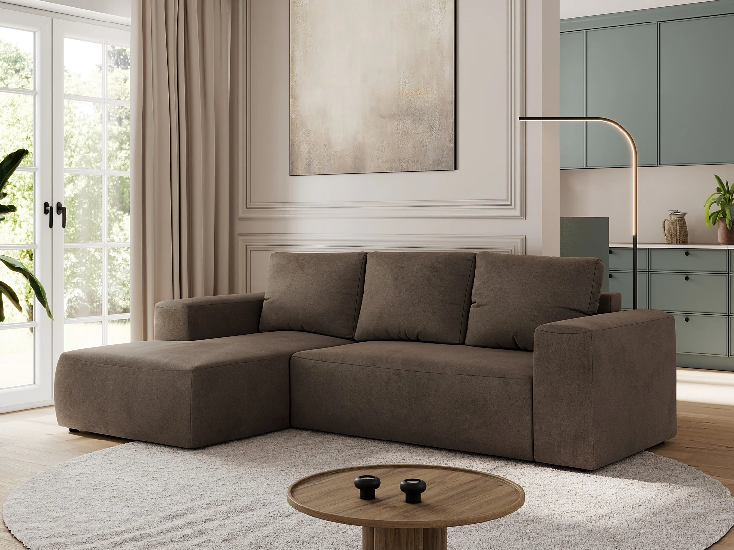 Ecksofa TRENTINO - mit Schlaffunktion und Bettkasten, L-form Couch, lose Kissen und Armlehnen - Braun Velvet - Ecke Links