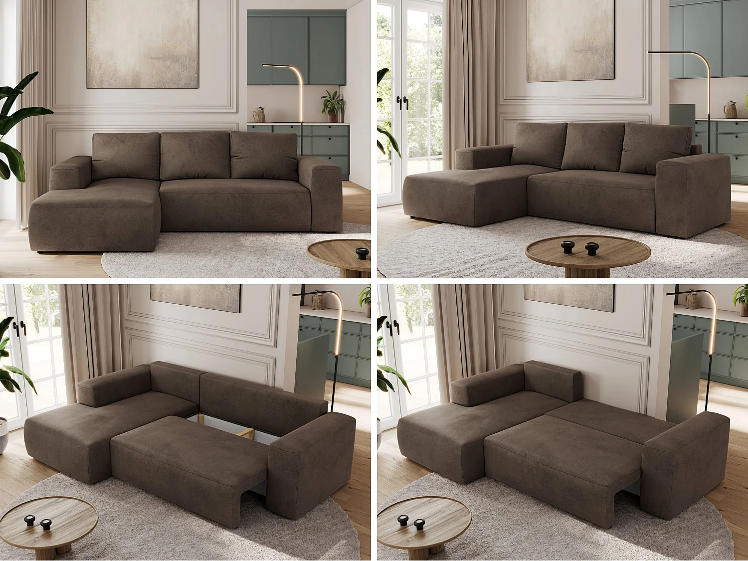 Ecksofa TRENTINO - mit Schlaffunktion und Bettkasten, L-form Couch, lose Kissen und Armlehnen - Braun Velvet - Ecke Links