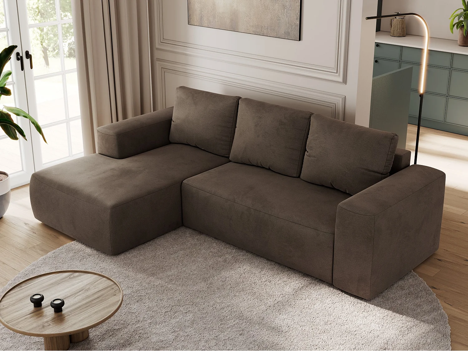 Ecksofa TRENTINO - mit Schlaffunktion und Bettkasten, L-form Couch, lose Kissen und Armlehnen - Braun Velvet - Ecke Links