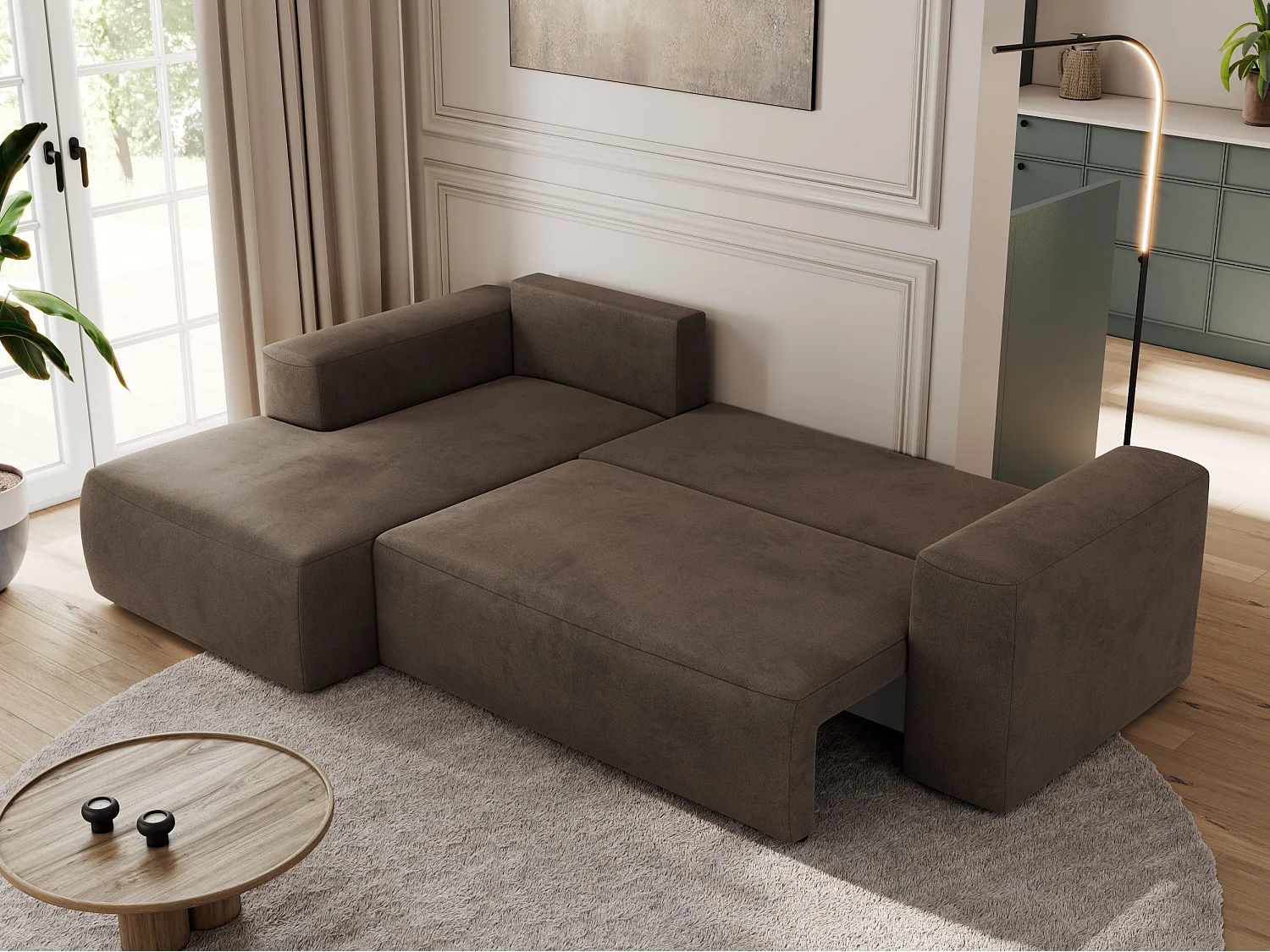 Ecksofa TRENTINO - mit Schlaffunktion und Bettkasten, L-form Couch, lose Kissen und Armlehnen - Braun Velvet - Ecke Links