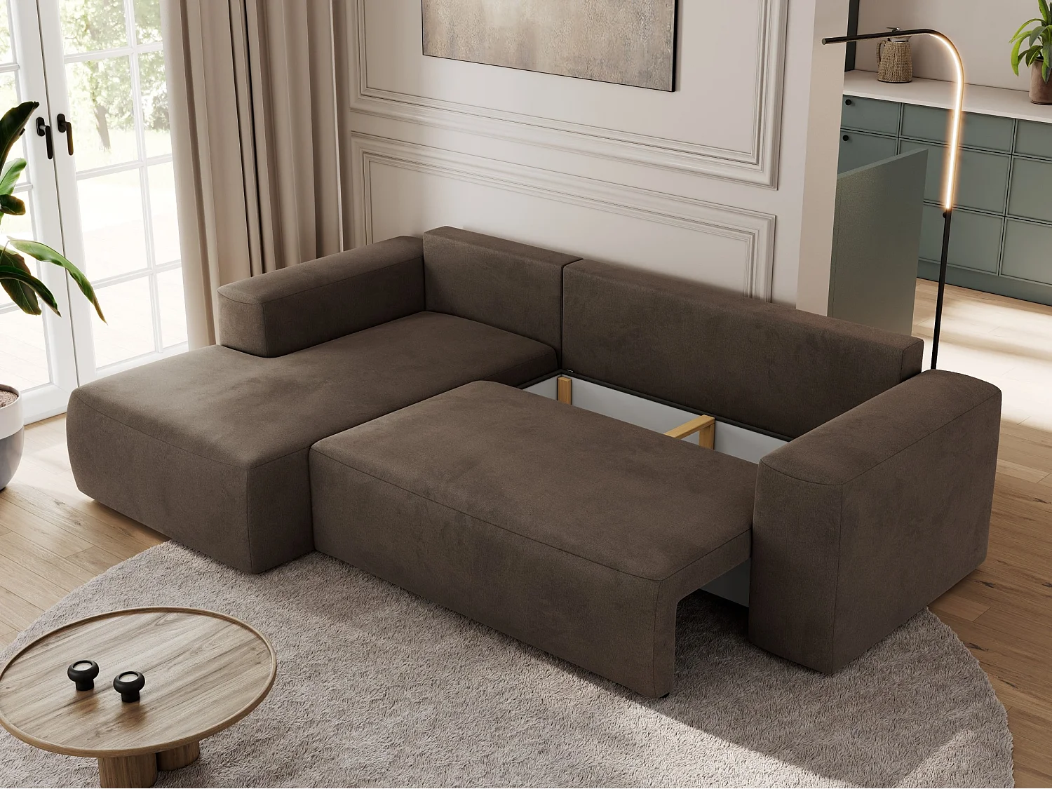 Ecksofa TRENTINO - mit Schlaffunktion und Bettkasten, L-form Couch, lose Kissen und Armlehnen - Braun Velvet - Ecke Links