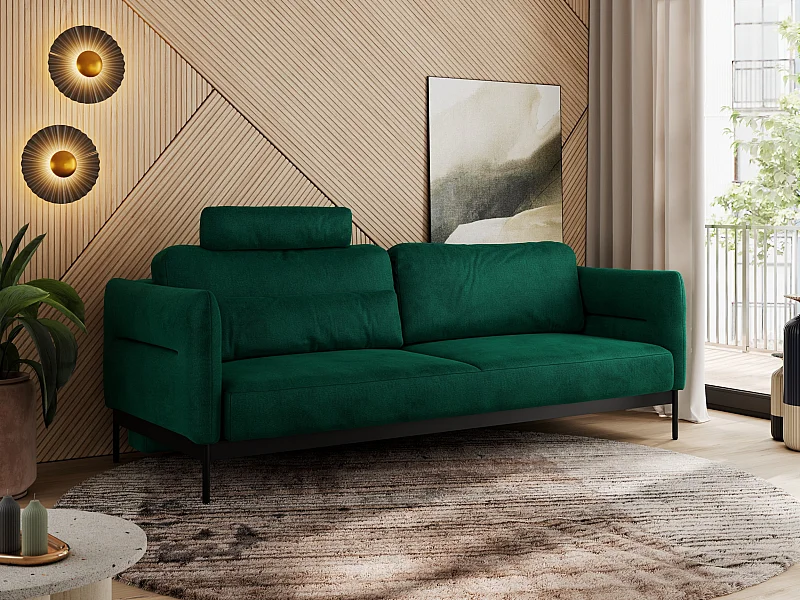 Sofa SALENTO - 3-Sitzer mit Metallbeine, mobile Kopfstütze, Schlafsofa mit lose Kissen - Grün Velvet