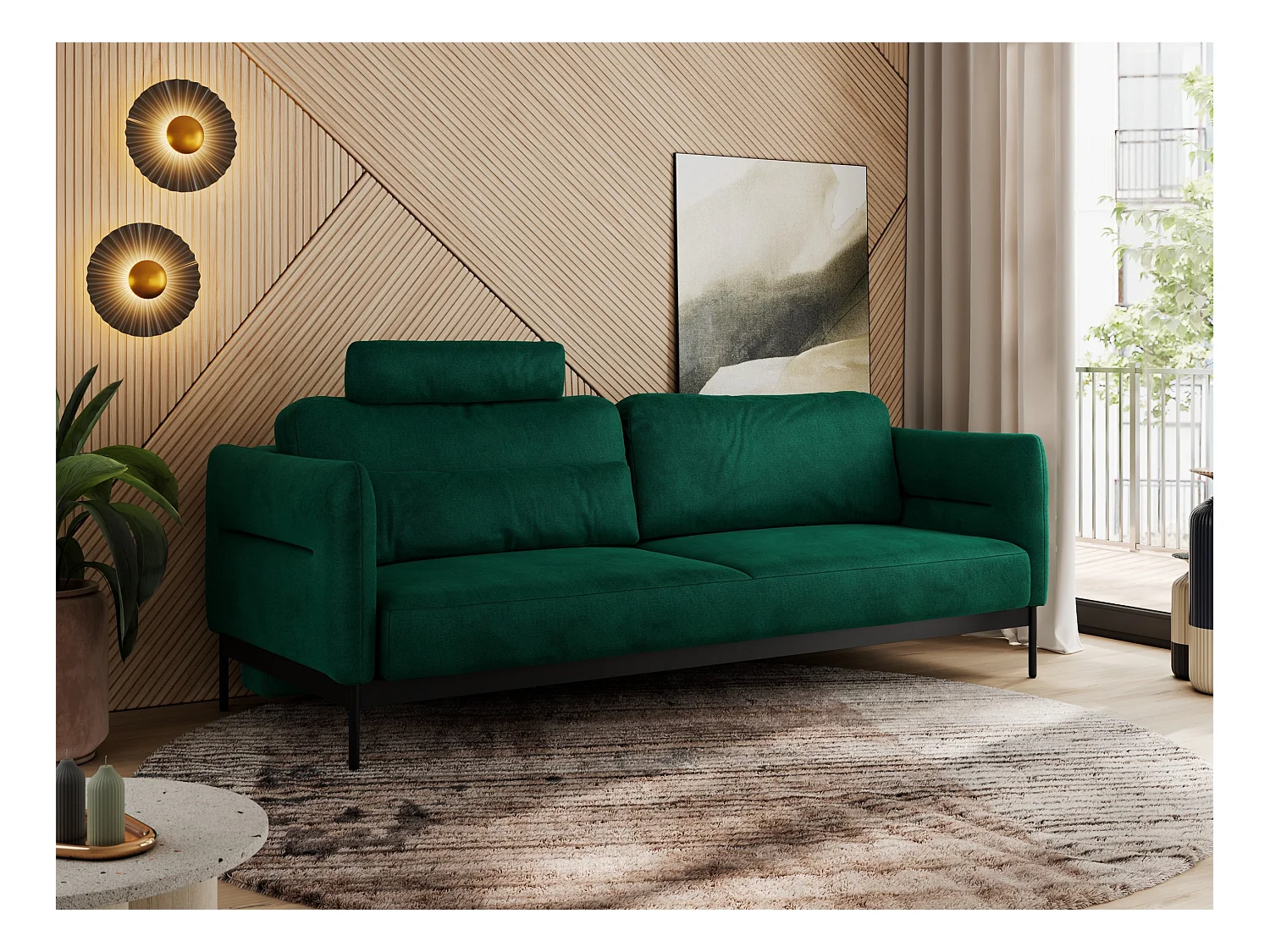 Sofa SALENTO - 3-Sitzer mit Metallbeine, mobile Kopfstütze, Schlafsofa mit lose Kissen - Grün Velvet