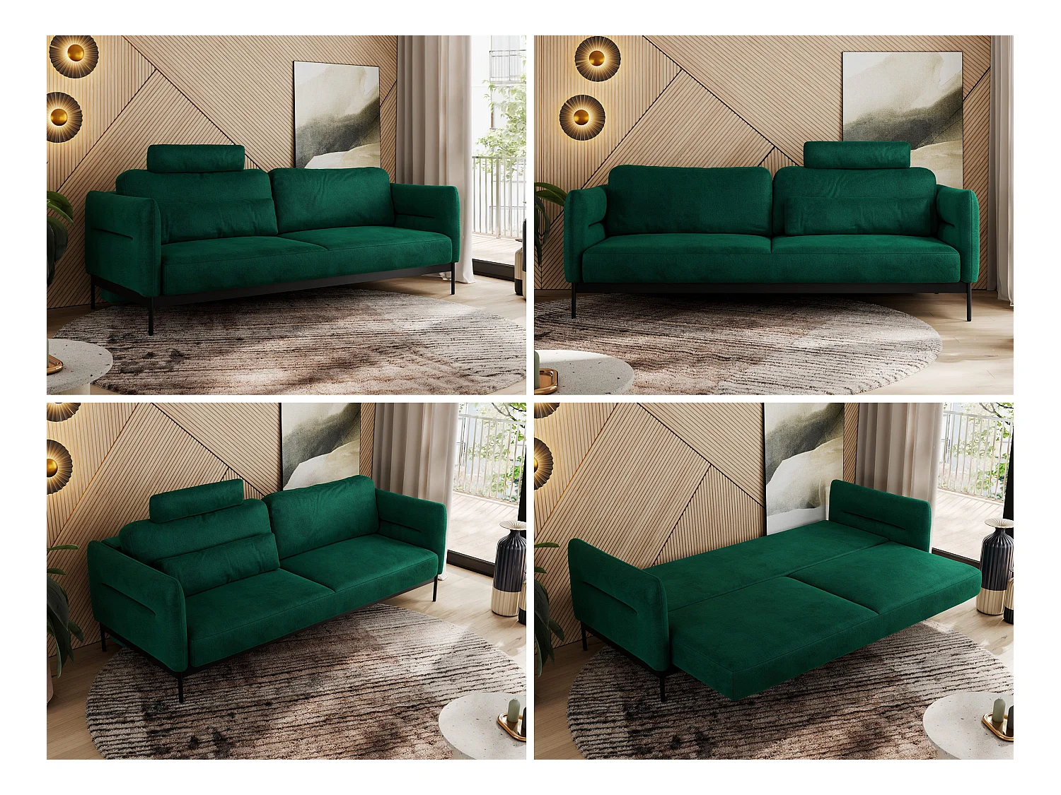 Sofa SALENTO - 3-Sitzer mit Metallbeine, mobile Kopfstütze, Schlafsofa mit lose Kissen - Grün Velvet