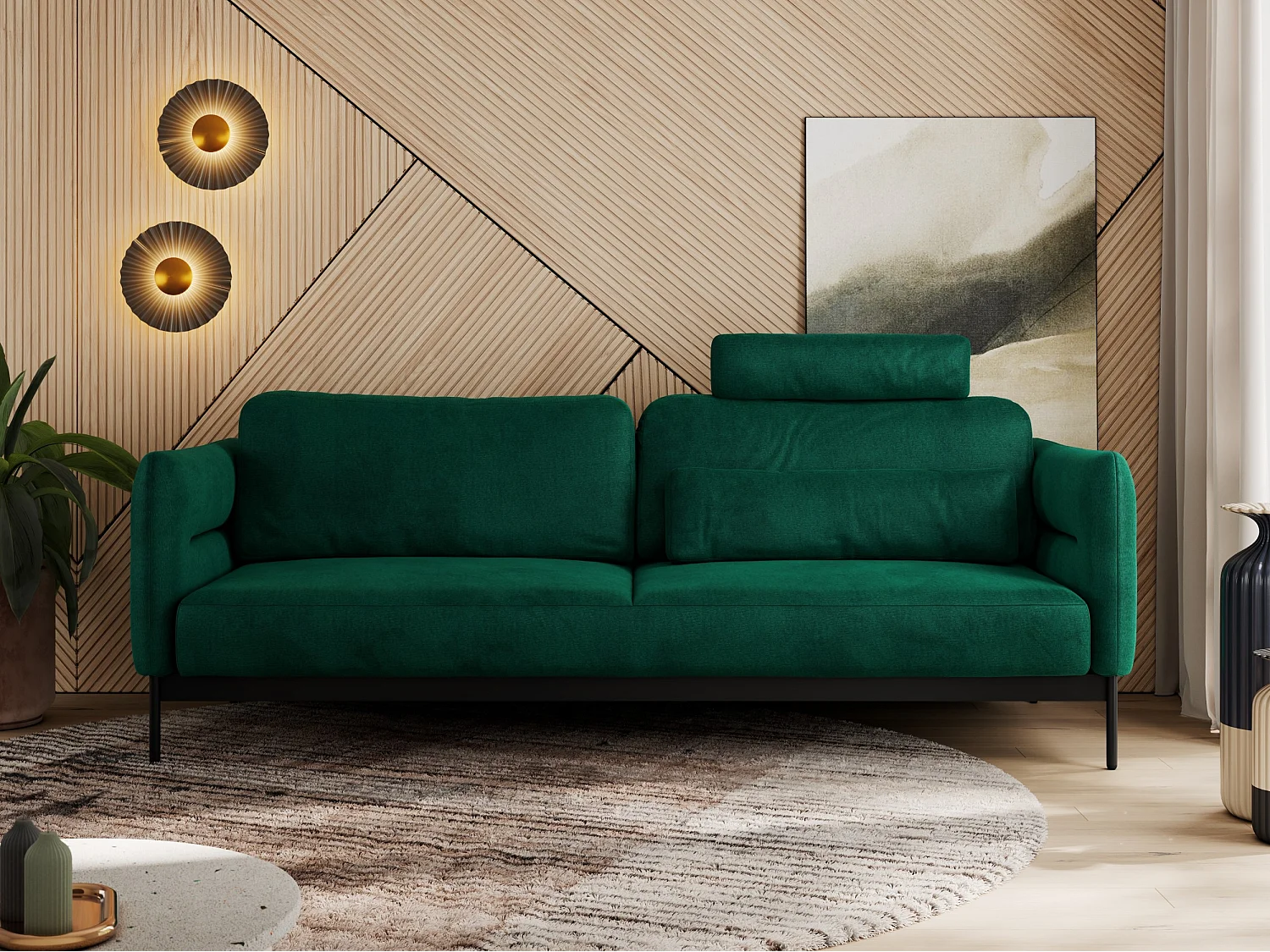 Sofa SALENTO - 3-Sitzer mit Metallbeine, mobile Kopfstütze, Schlafsofa mit lose Kissen - Grün Velvet