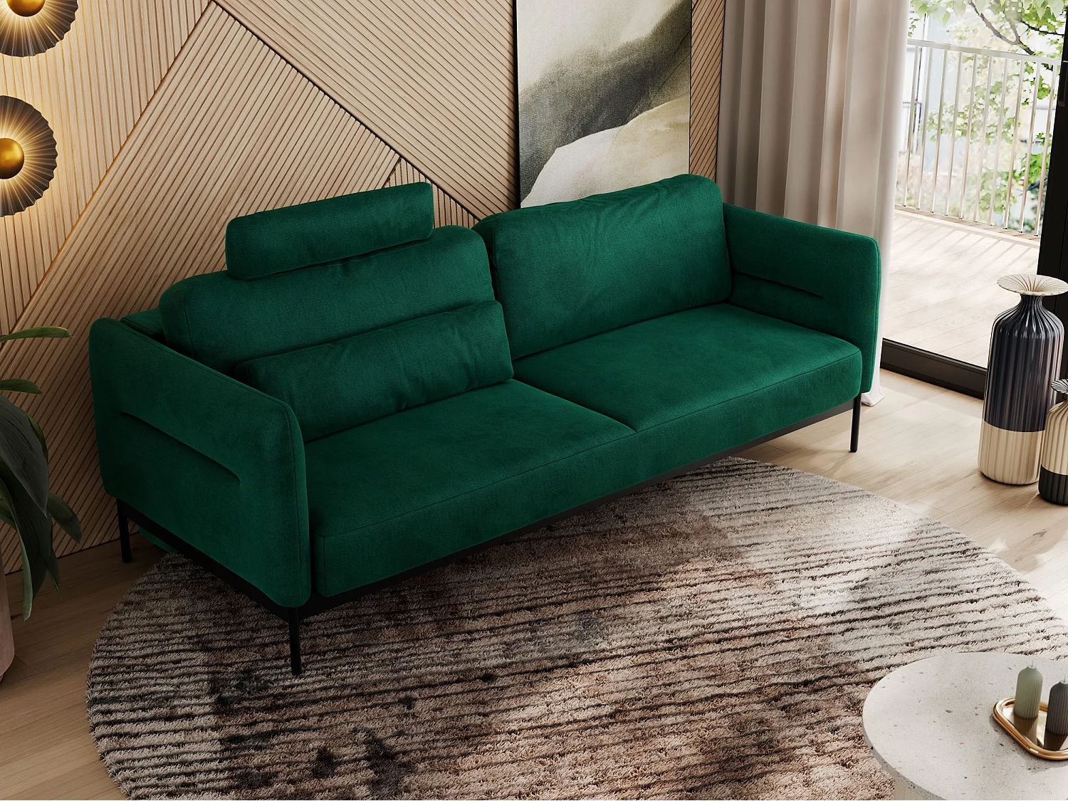 Sofa SALENTO - 3-Sitzer mit Metallbeine, mobile Kopfstütze, Schlafsofa mit lose Kissen - Grün Velvet