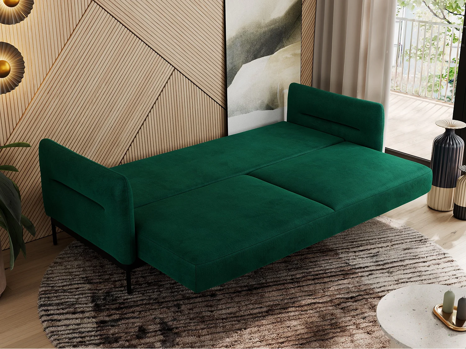 Sofa SALENTO - 3-Sitzer mit Metallbeine, mobile Kopfstütze, Schlafsofa mit lose Kissen - Grün Velvet