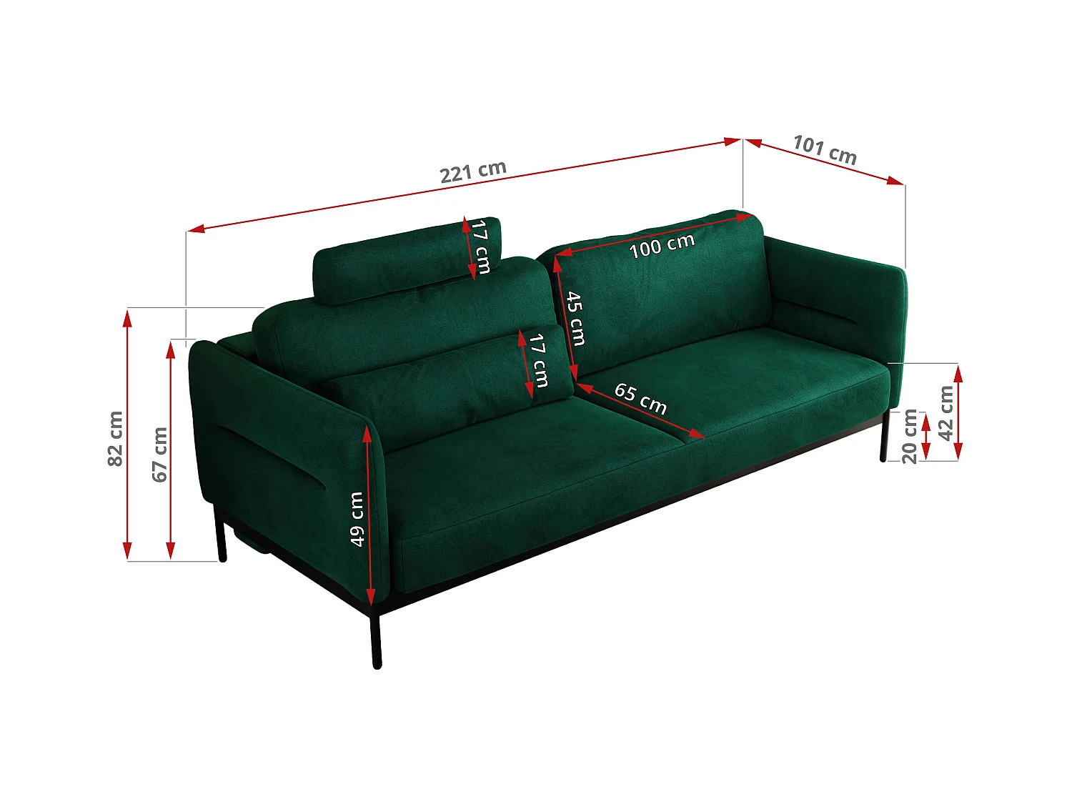 Sofa SALENTO - 3-Sitzer mit Metallbeine, mobile Kopfstütze, Schlafsofa mit lose Kissen - Grün Velvet