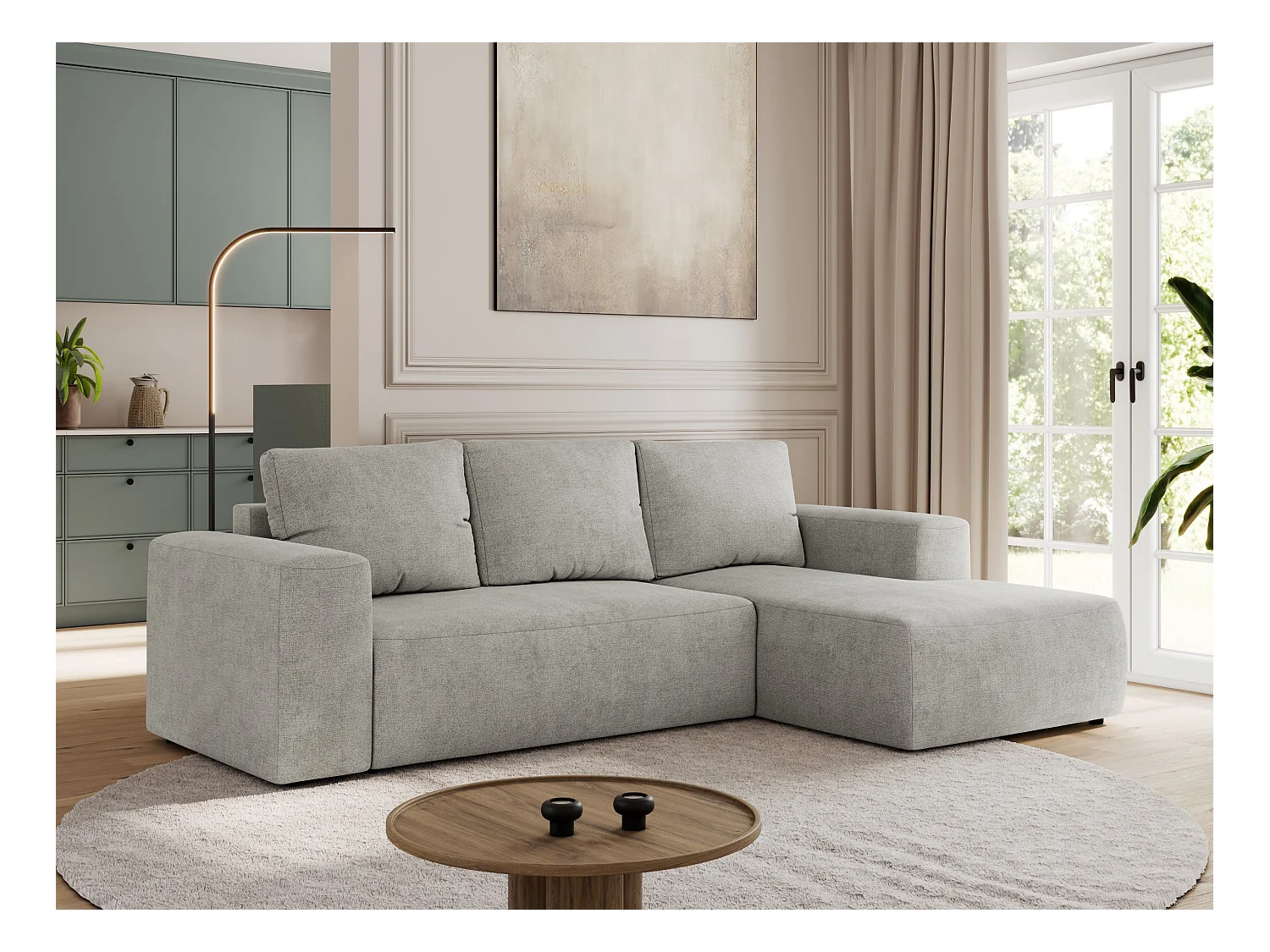 Ecksofa TRENTINO - mit Schlaffunktion und Bettkasten, L-form Couch, lose Kissen und Armlehnen - Hellgrau Stukture - Ecke Rechts
