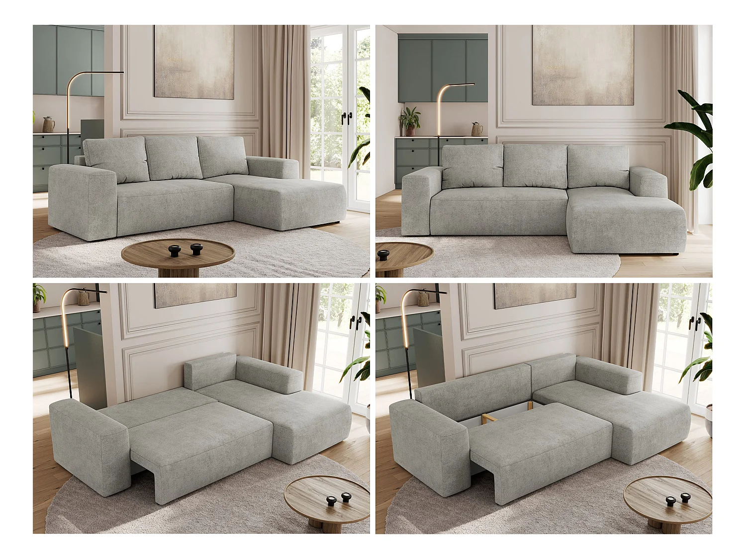Ecksofa TRENTINO - mit Schlaffunktion und Bettkasten, L-form Couch, lose Kissen und Armlehnen - Hellgrau Stukture - Ecke Rechts