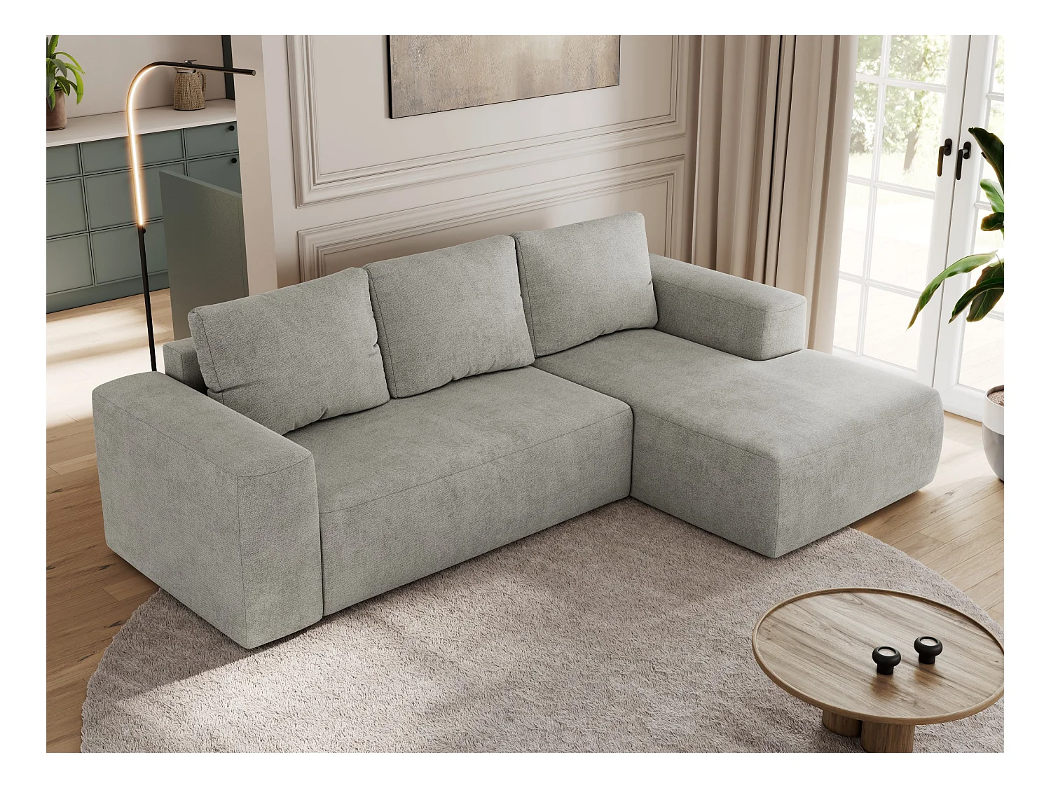 Ecksofa TRENTINO - mit Schlaffunktion und Bettkasten, L-form Couch, lose Kissen und Armlehnen - Hellgrau Stukture - Ecke Rechts