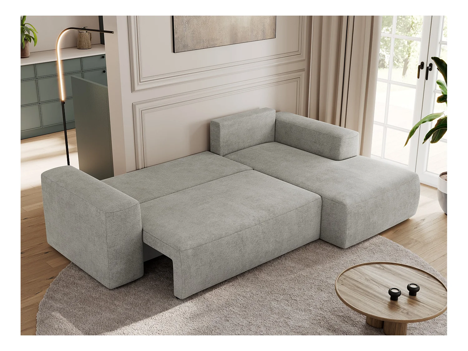 Ecksofa TRENTINO - mit Schlaffunktion und Bettkasten, L-form Couch, lose Kissen und Armlehnen - Hellgrau Stukture - Ecke Rechts