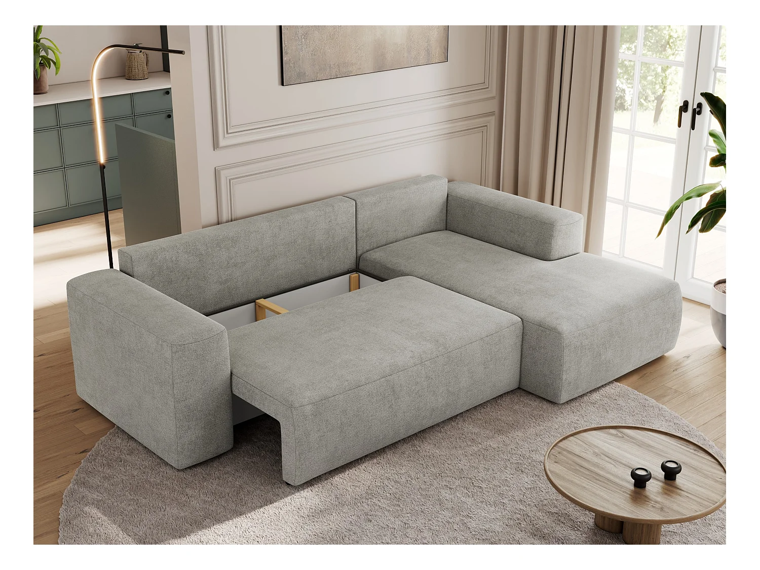 Ecksofa TRENTINO - mit Schlaffunktion und Bettkasten, L-form Couch, lose Kissen und Armlehnen - Hellgrau Stukture - Ecke Rechts