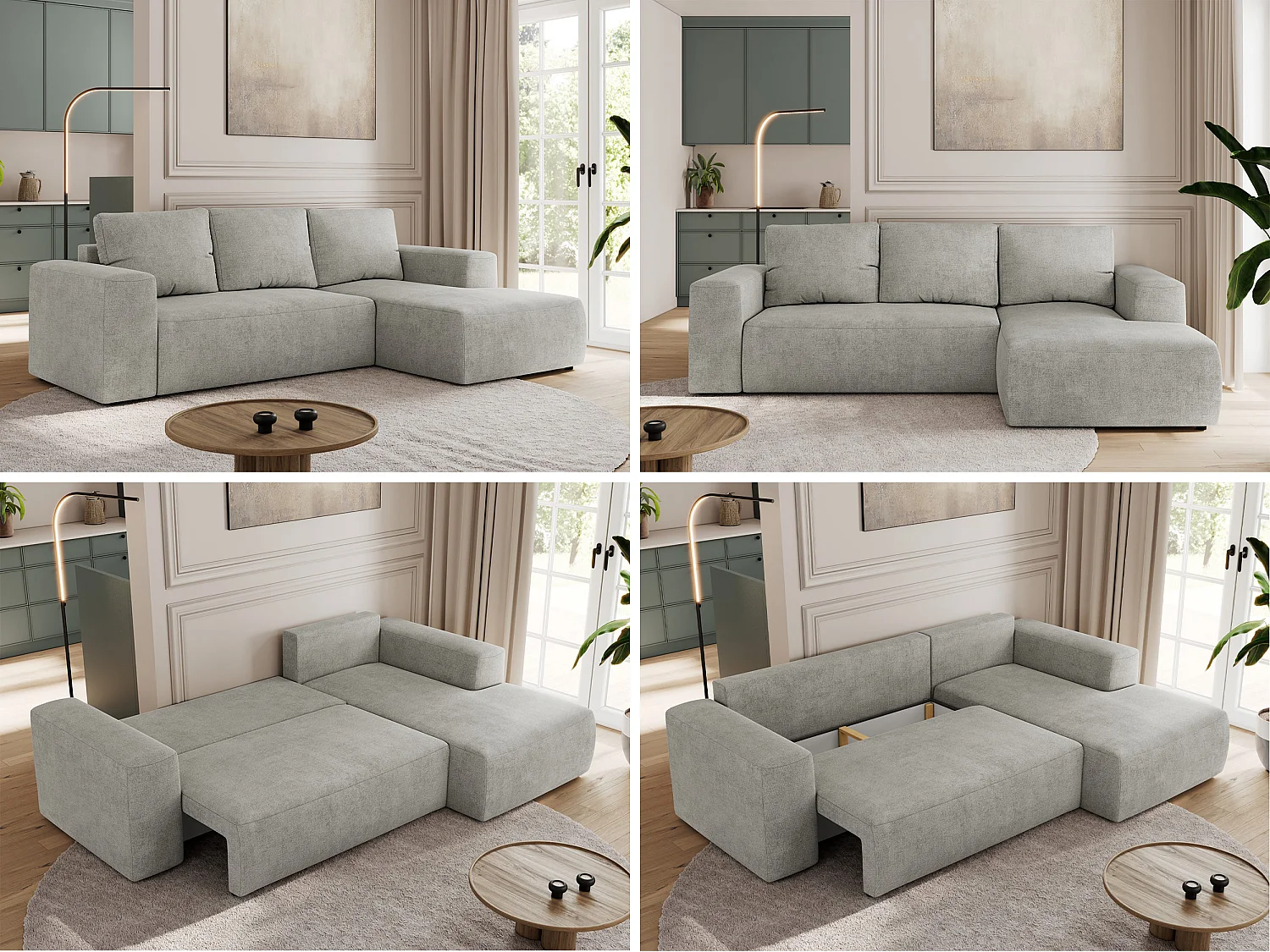 Ecksofa TRENTINO - mit Schlaffunktion und Bettkasten, L-form Couch, lose Kissen und Armlehnen - Hellgrau Stukture - Ecke Rechts