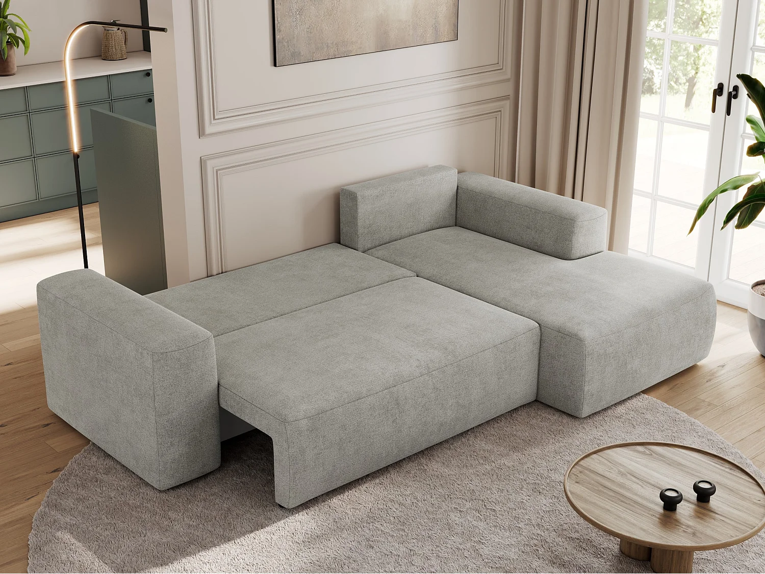 Ecksofa TRENTINO - mit Schlaffunktion und Bettkasten, L-form Couch, lose Kissen und Armlehnen - Hellgrau Stukture - Ecke Rechts