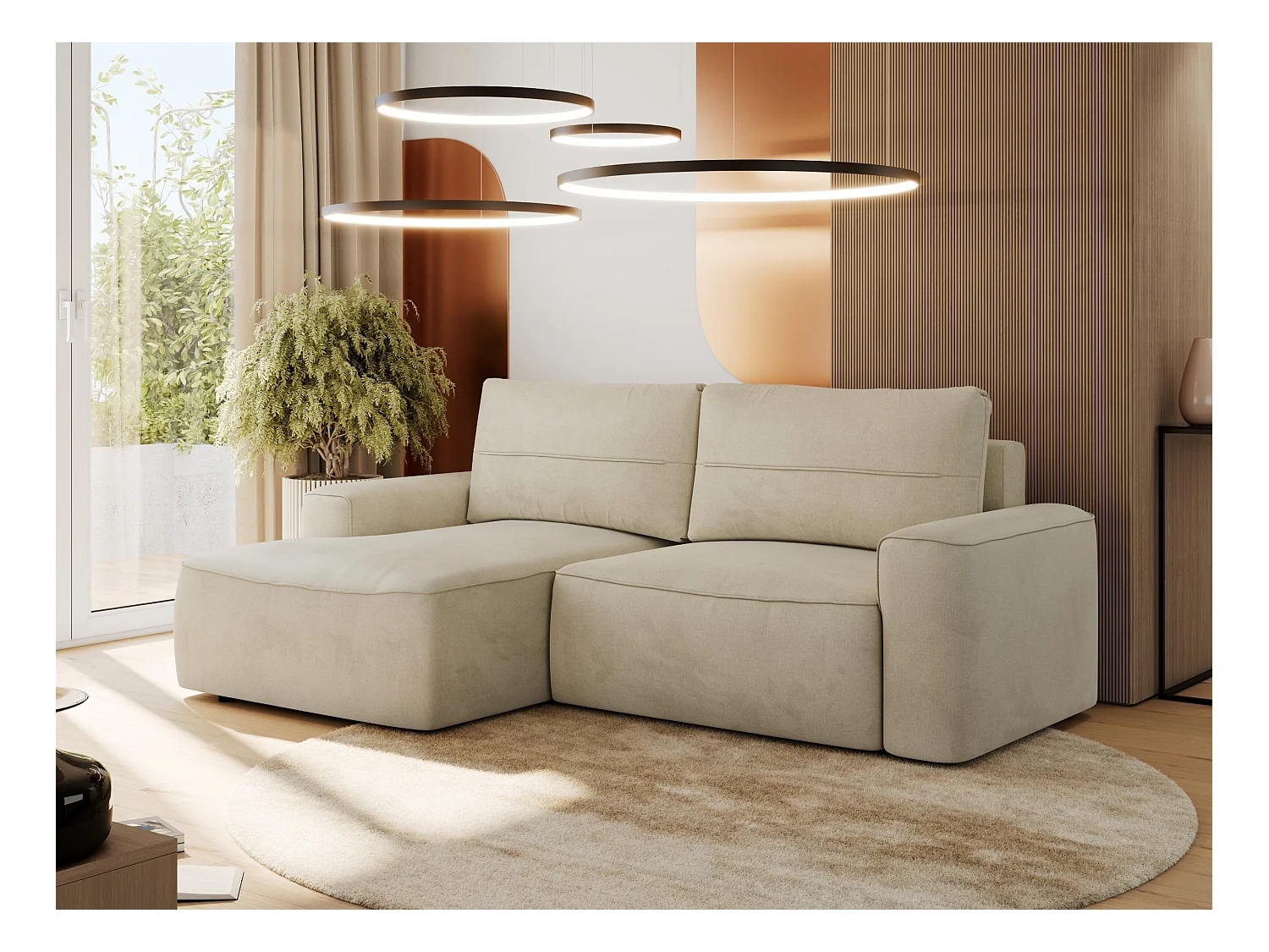 Ecksofa BELLUNO - Schlafsofa mit Bettkasten, Armlehnen, Couch L-form mit Schlaffunktion - Beige Velvet - Ecke Links