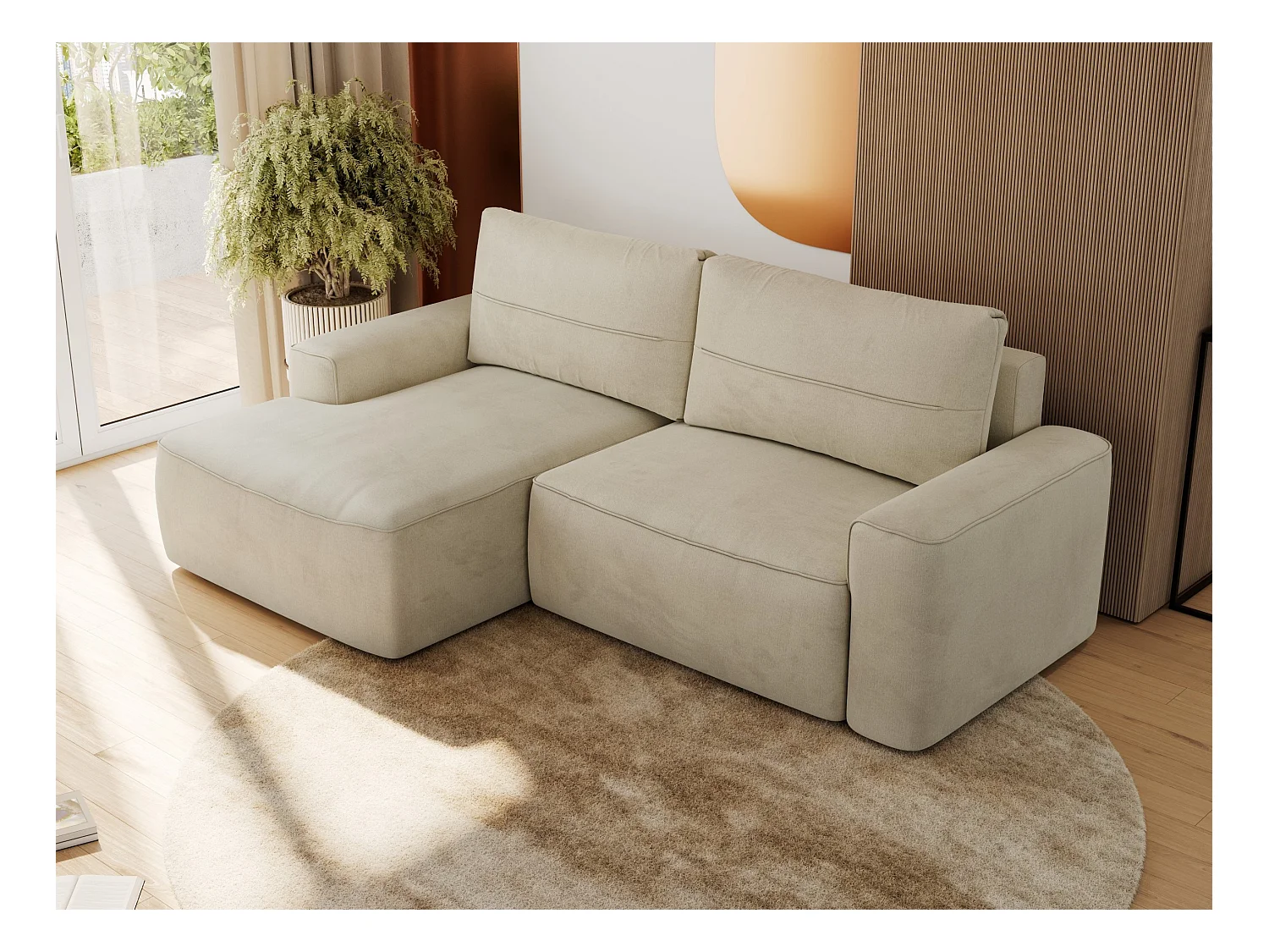 Ecksofa BELLUNO - Schlafsofa mit Bettkasten, Armlehnen, Couch L-form mit Schlaffunktion - Beige Velvet - Ecke Links