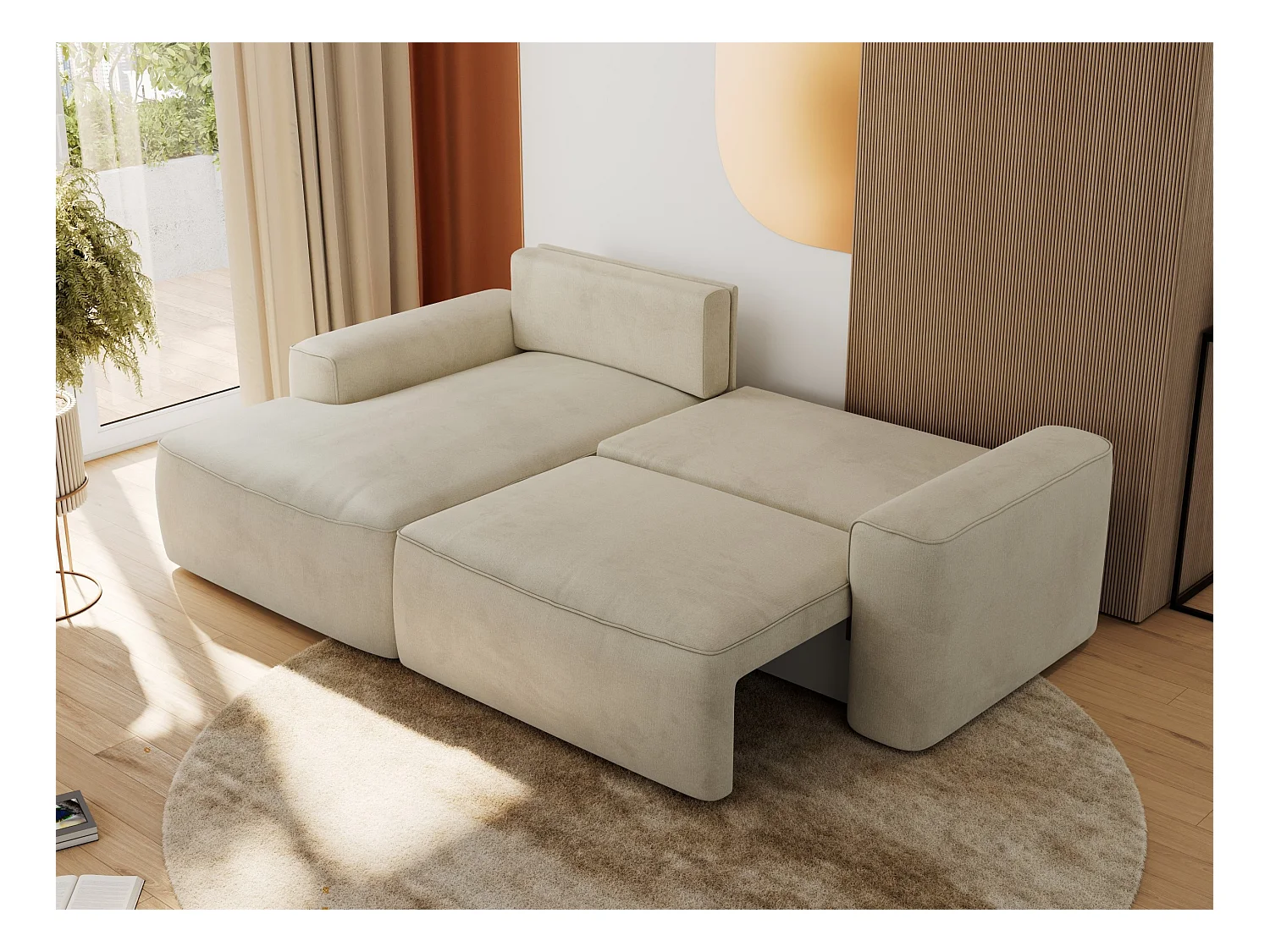 Ecksofa BELLUNO - Schlafsofa mit Bettkasten, Armlehnen, Couch L-form mit Schlaffunktion - Beige Velvet - Ecke Links