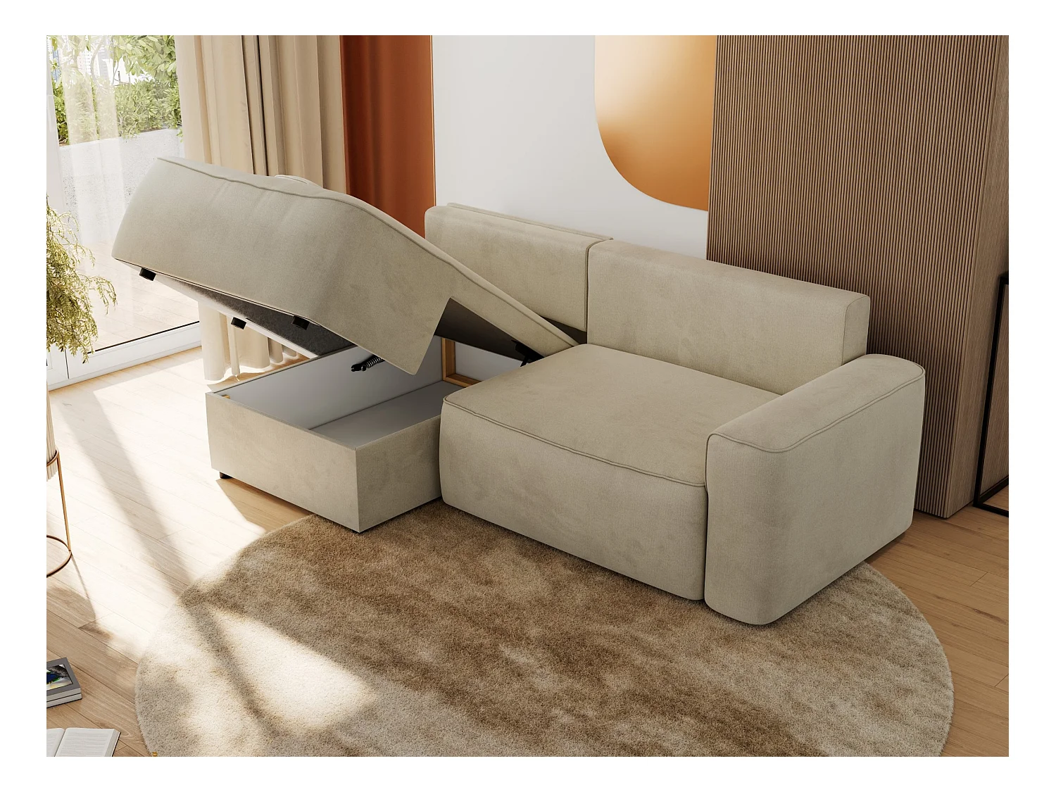 Ecksofa BELLUNO - Schlafsofa mit Bettkasten, Armlehnen, Couch L-form mit Schlaffunktion - Beige Velvet - Ecke Links