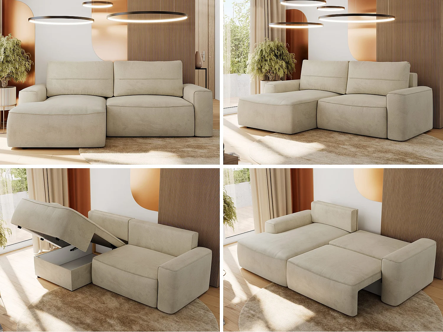 Ecksofa BELLUNO - Schlafsofa mit Bettkasten, Armlehnen, Couch L-form mit Schlaffunktion - Beige Velvet - Ecke Links