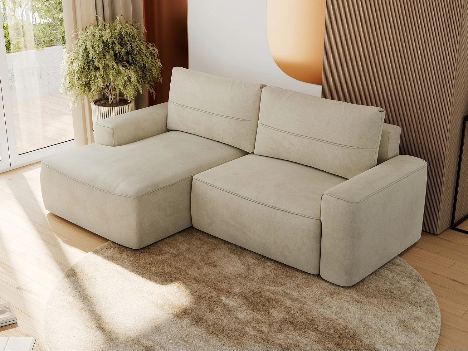 Ecksofa BELLUNO - Schlafsofa mit Bettkasten, Armlehnen, Couch L-form mit Schlaffunktion - Beige Velvet - Ecke Links