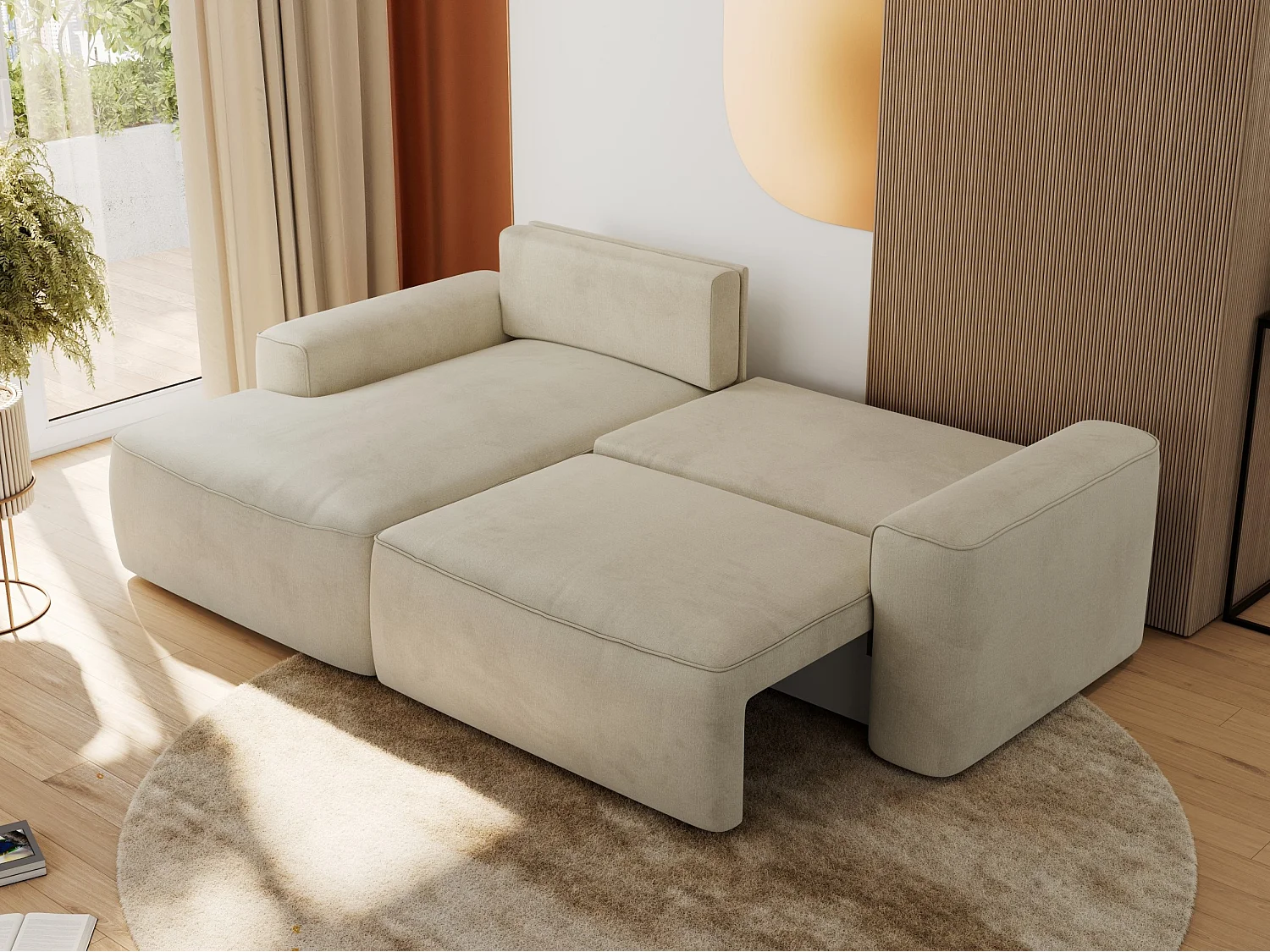 Ecksofa BELLUNO - Schlafsofa mit Bettkasten, Armlehnen, Couch L-form mit Schlaffunktion - Beige Velvet - Ecke Links