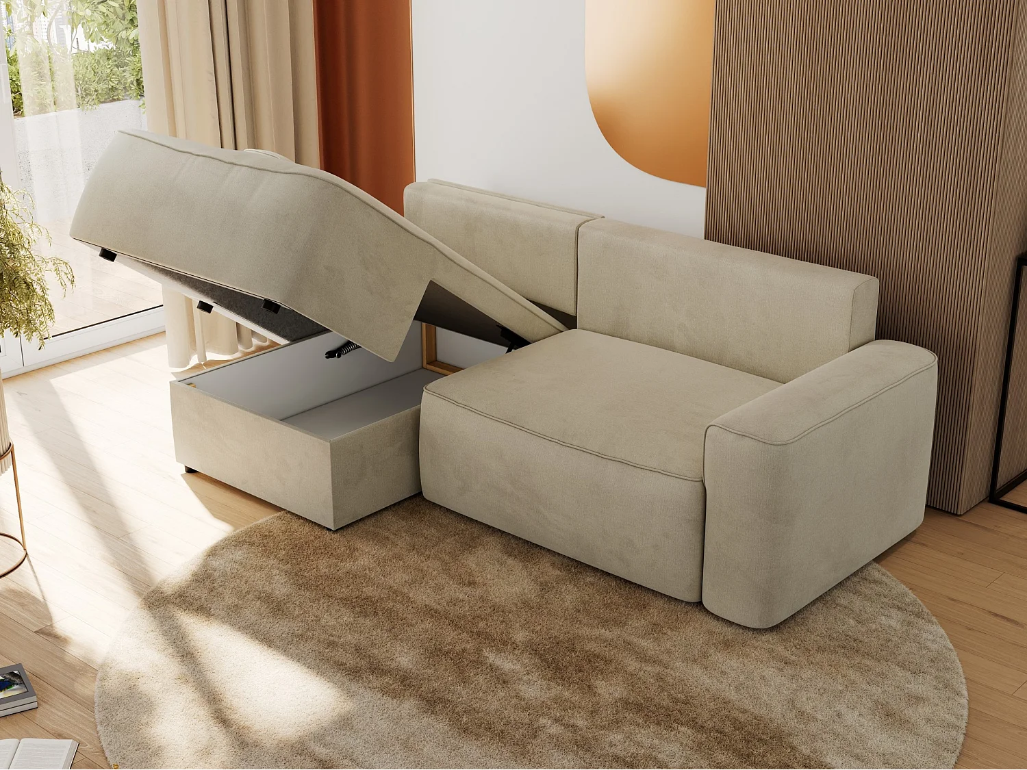 Ecksofa BELLUNO - Schlafsofa mit Bettkasten, Armlehnen, Couch L-form mit Schlaffunktion - Beige Velvet - Ecke Links
