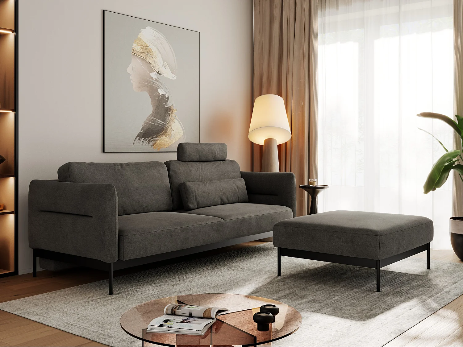 Ecksofa SALENTO - mit Metallbeine, Schlafsofa, mobilen Fußhocker, lose Kissen - Dunkelgrau Velvet