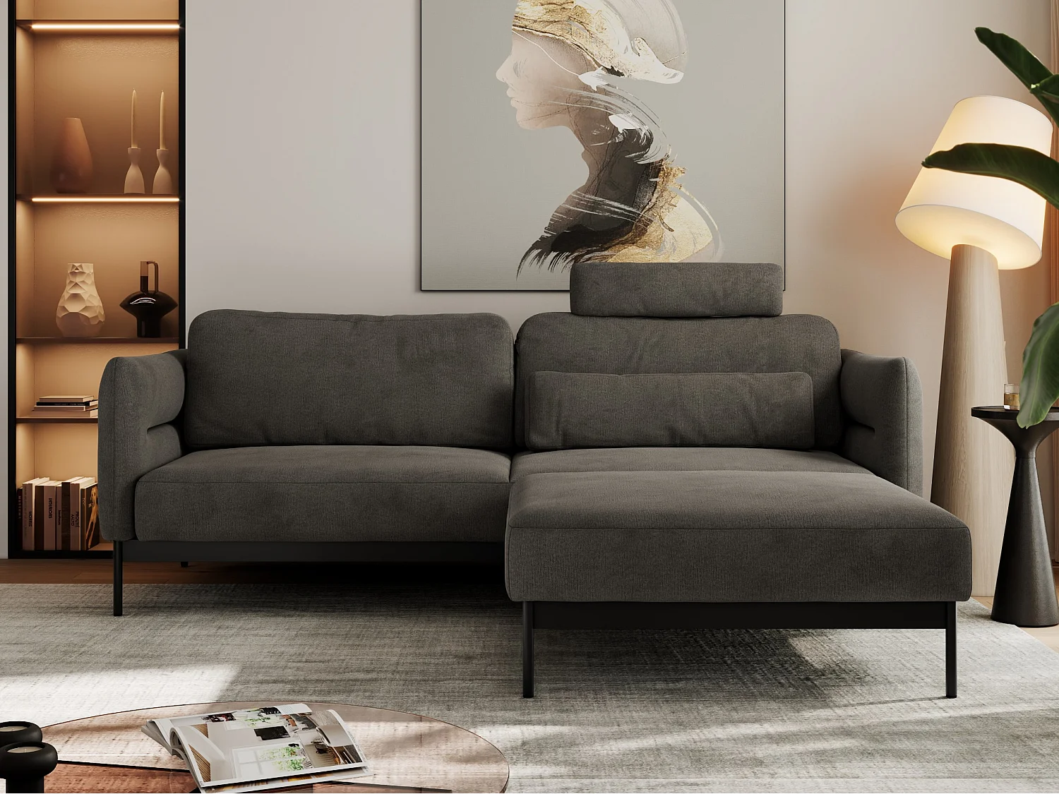 Ecksofa SALENTO - mit Metallbeine, Schlafsofa, mobilen Fußhocker, lose Kissen - Dunkelgrau Velvet