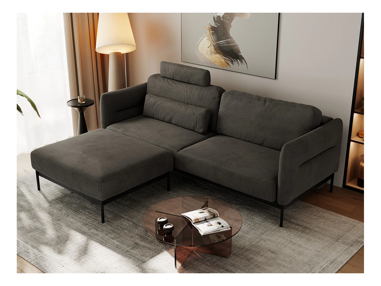 Ecksofa SALENTO - mit Metallbeine, Schlafsofa, mobilen Fußhocker, lose Kissen - Dunkelgrau Velvet