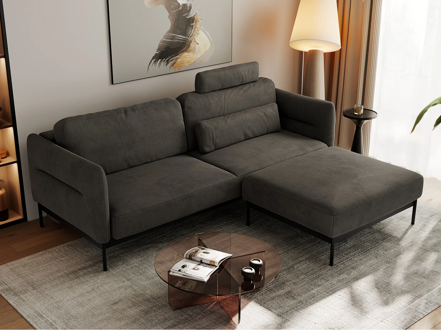 Ecksofa SALENTO - mit Metallbeine, Schlafsofa, mobilen Fußhocker, lose Kissen - Dunkelgrau Velvet