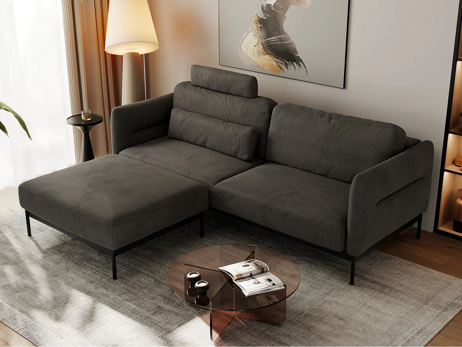 Ecksofa SALENTO - mit Metallbeine, Schlafsofa, mobilen Fußhocker, lose Kissen - Dunkelgrau Velvet