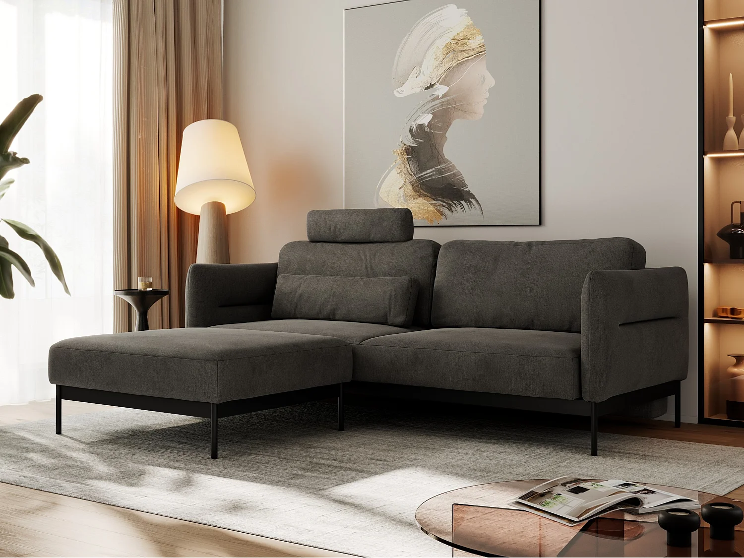 Ecksofa SALENTO - mit Metallbeine, Schlafsofa, mobilen Fußhocker, lose Kissen - Dunkelgrau Velvet