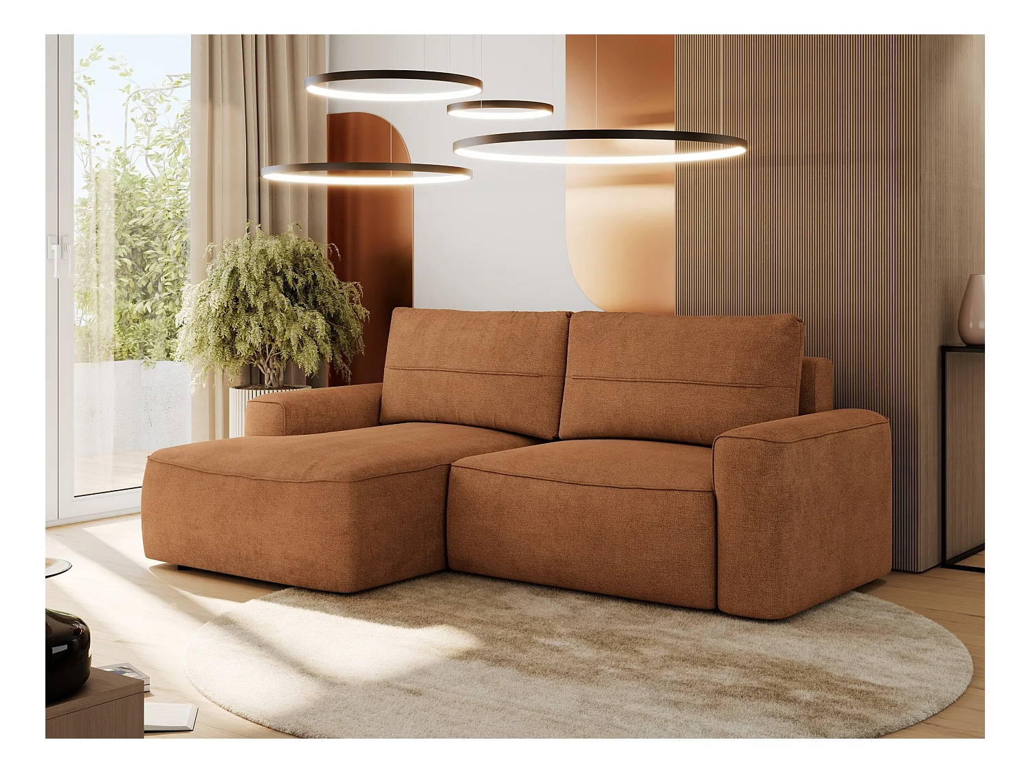 Ecksofa BELLUNO - Schlafsofa mit Bettkasten, Armlehnen, Couch L-form mit Schlaffunktion - Orange Strukture - Ecke Links